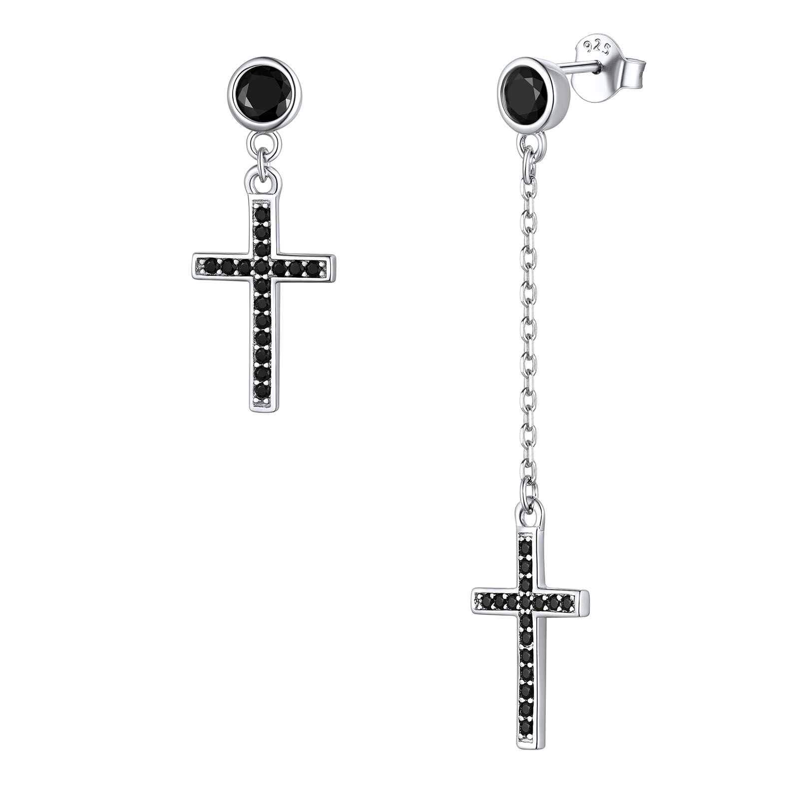 Cubic Zirconia Asymmetry Cross Dangle Earrings in Black