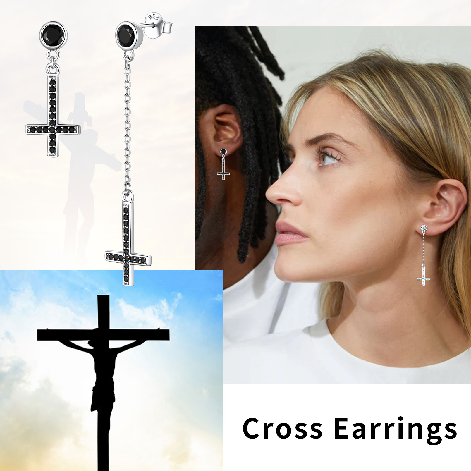 Cubic Zirconia Asymmetry Inverted Cross Dangle Earrings, Faith Jewelry Gift