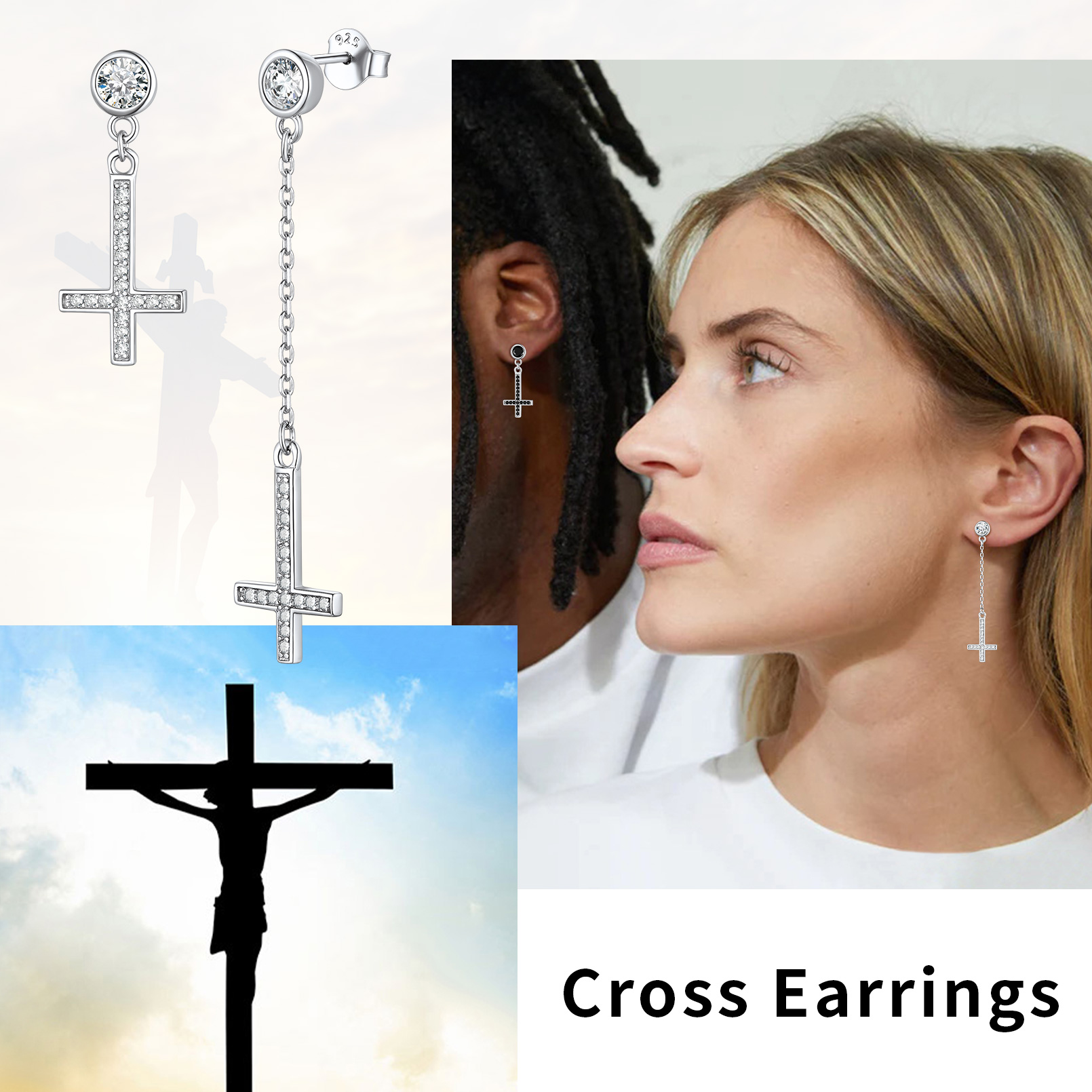 Cubic Zirconia Asymmetry Inverted Cross Dangle Earrings, Faith Jewelry Gift