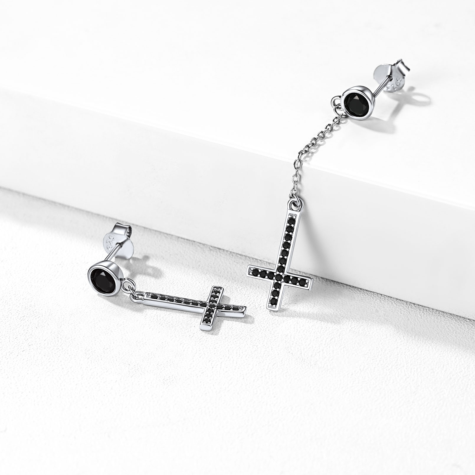 Cubic Zirconia Asymmetry Inverted Cross Dangle Earrings