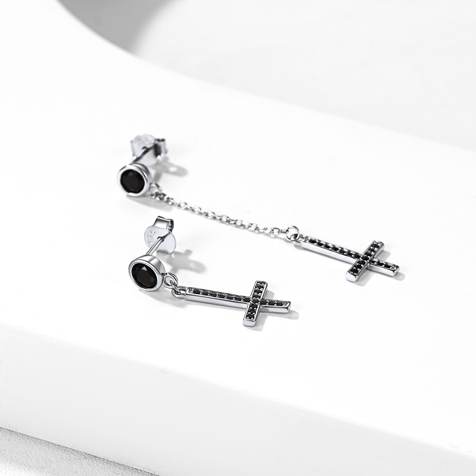 Cubic Zirconia Asymmetry Inverted Cross Dangle Earrings in Black, Sterling Silver-02