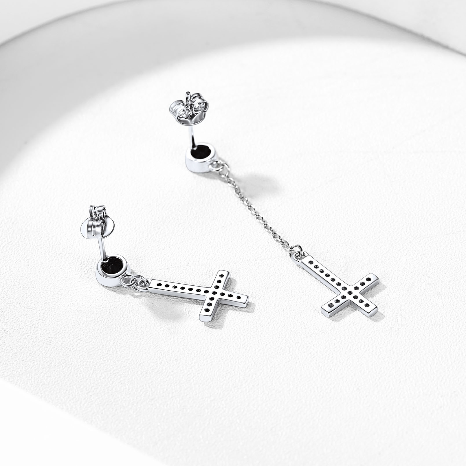 Cubic Zirconia Asymmetry Inverted Cross Dangle Earrings in Black, Sterling Silver-03