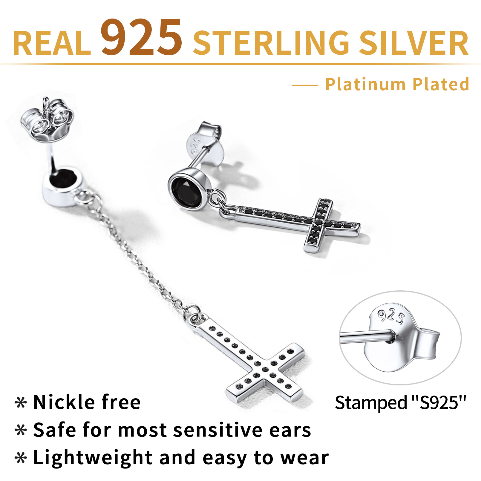 Cubic Zirconia Asymmetry Inverted Cross Dangle Earrings in Black Description - Hypoallergenic, Premium Material