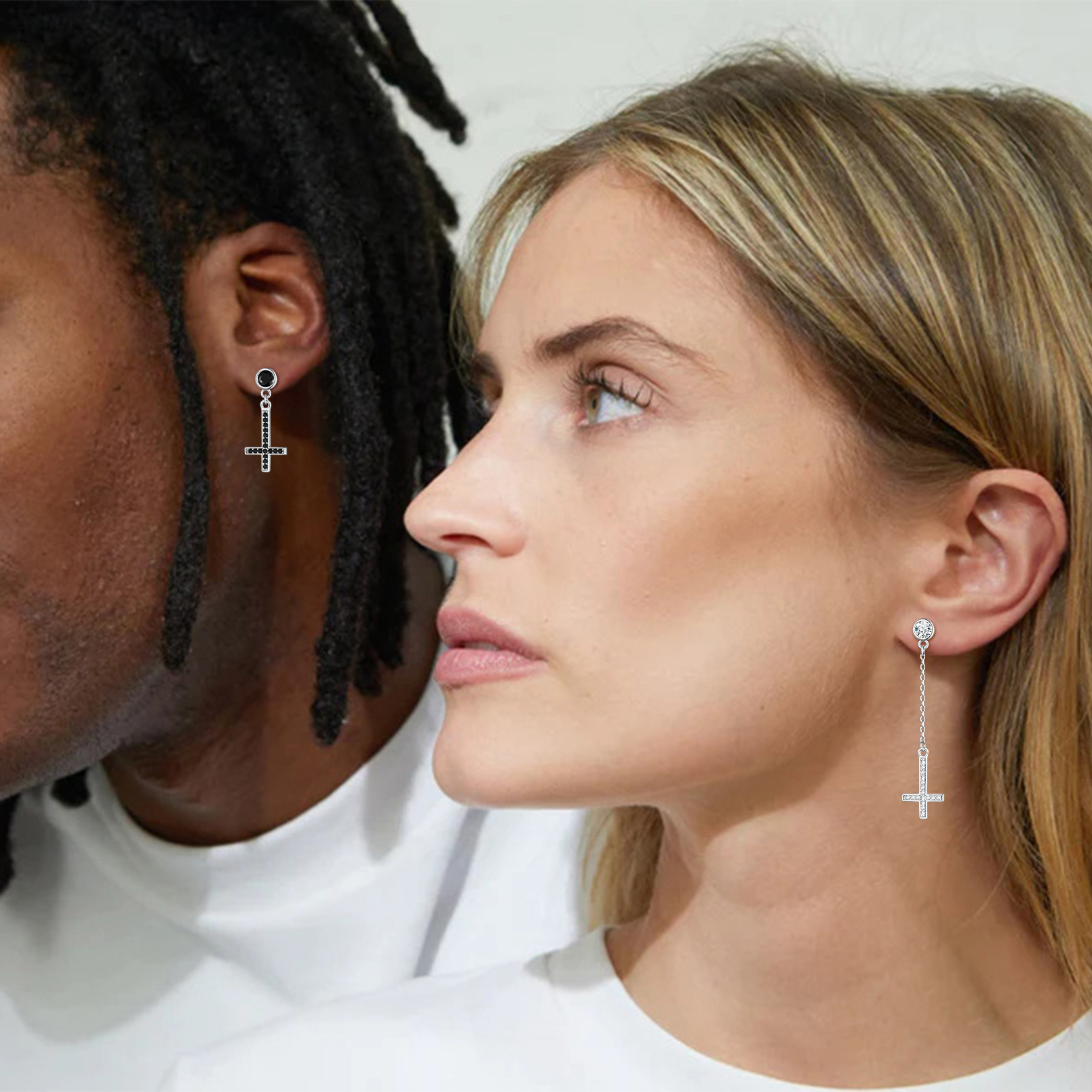 Cubic Zirconia Asymmetry Inverted Cross Dangle Earrings for Couple