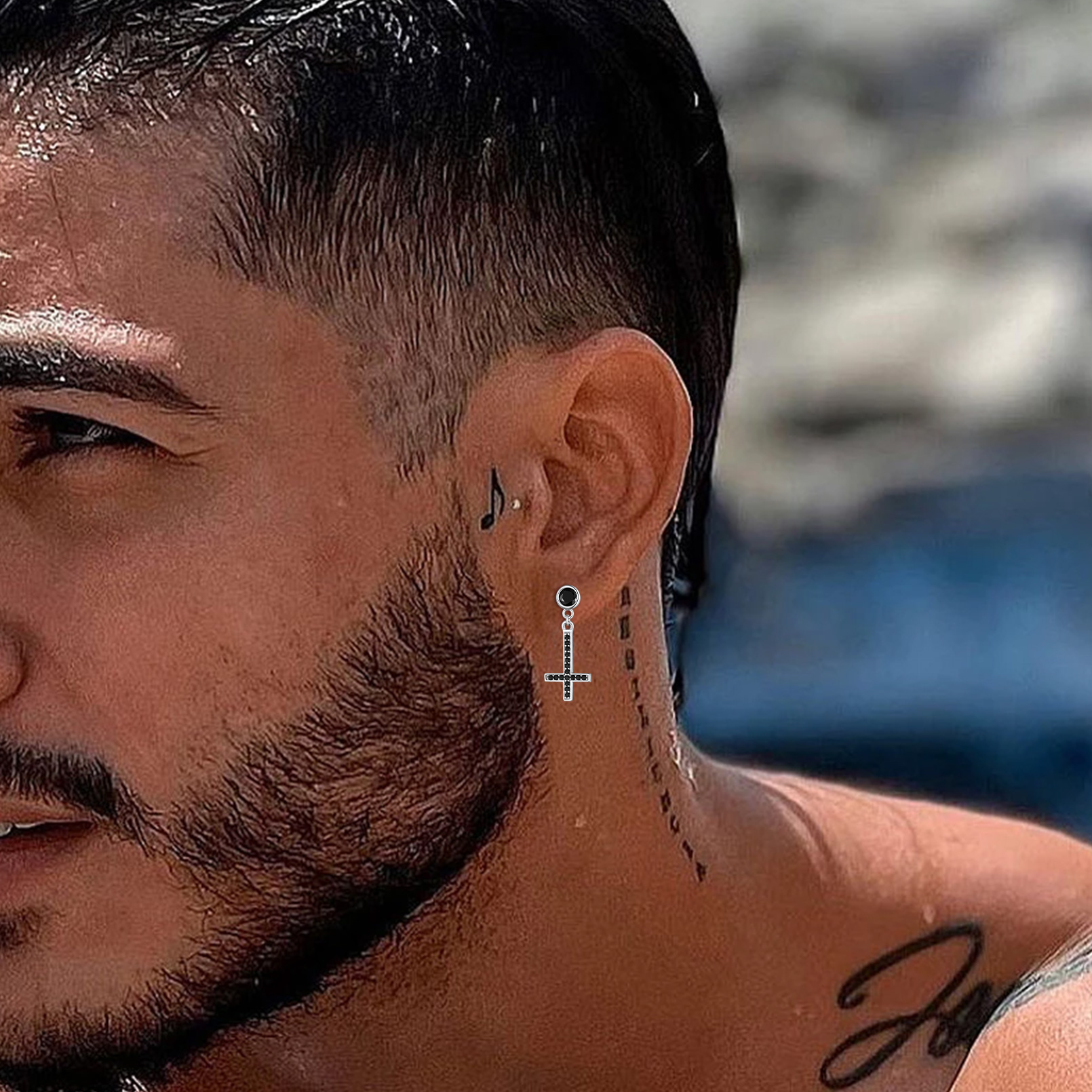 Cubic Zirconia Asymmetry Inverted Cross Dangle Earrings in Black for Men