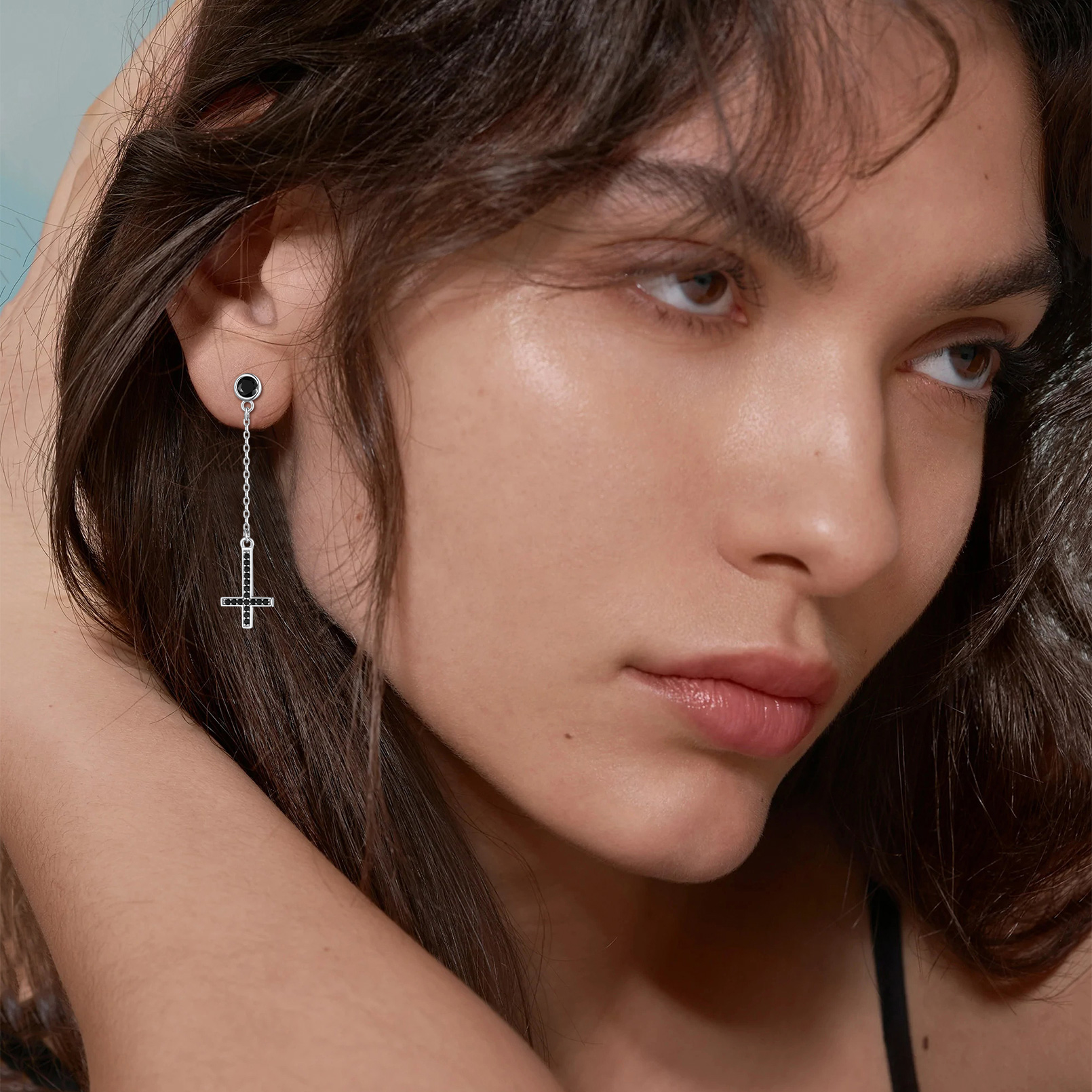 Cubic Zirconia Asymmetry Inverted Cross Dangle Earrings in Black for Women