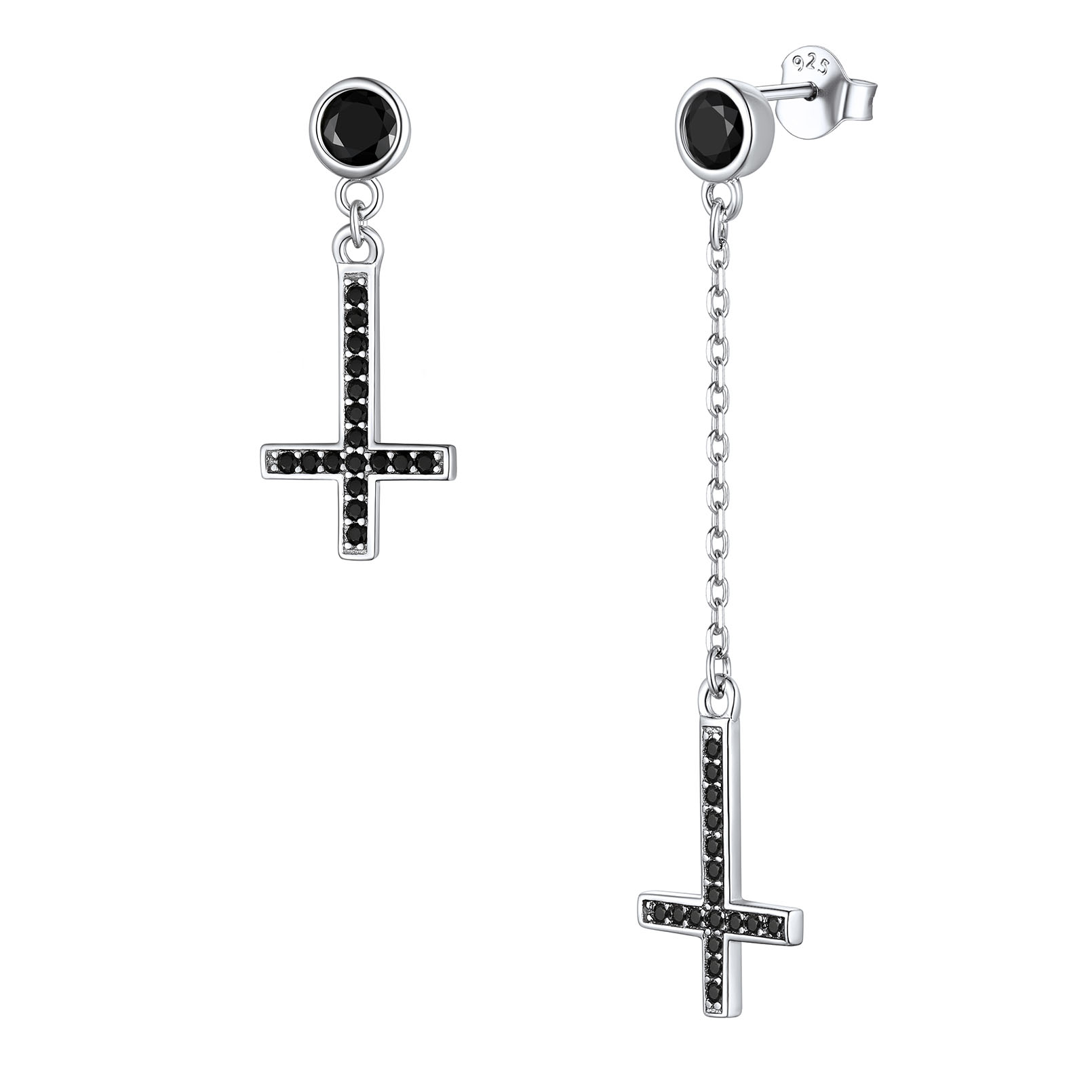 Cubic Zirconia Asymmetry Inverted Cross Dangle Earrings in Black