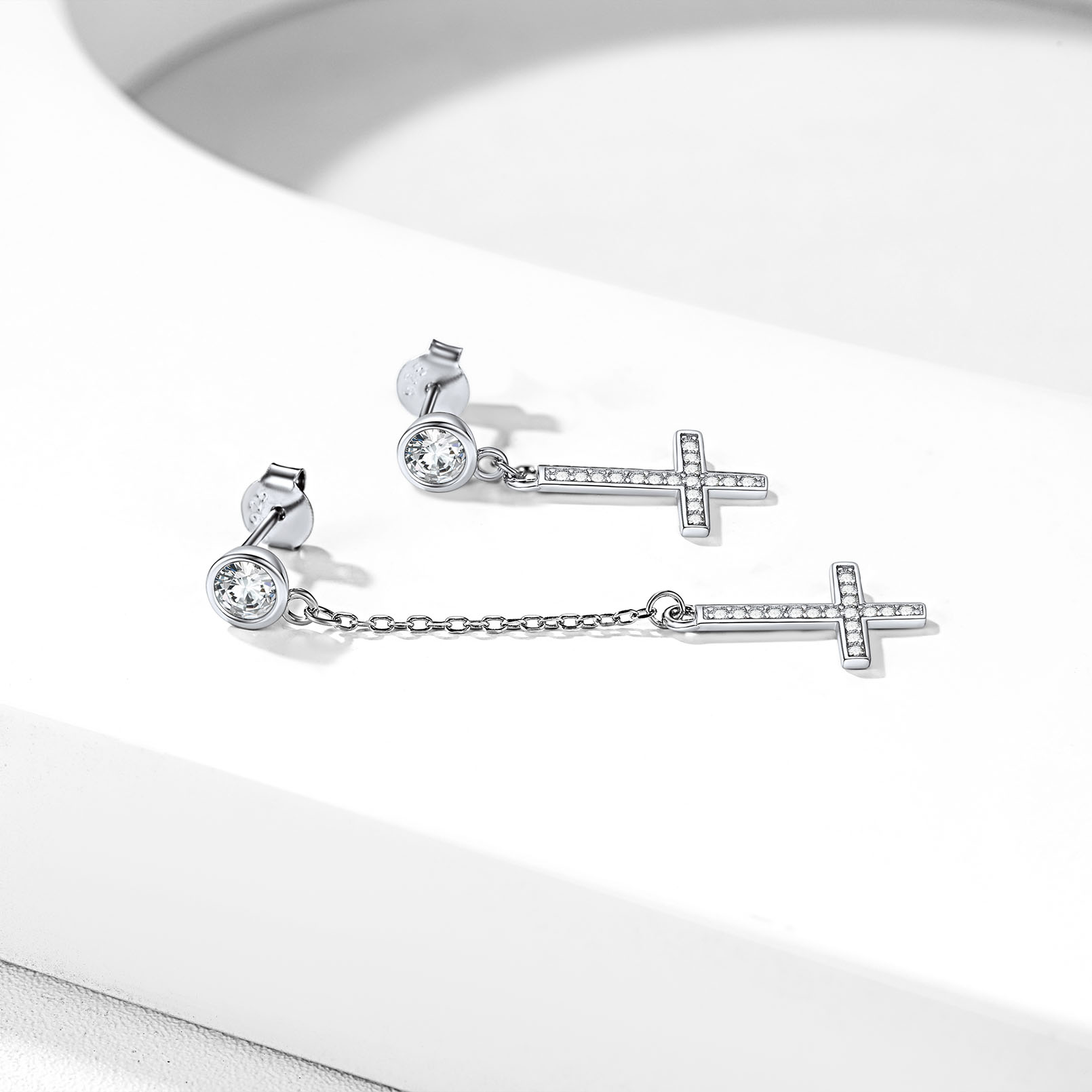 Cubic Zirconia Asymmetry Inverted Cross Dangle Earrings in Silver, Sterling Silver-01