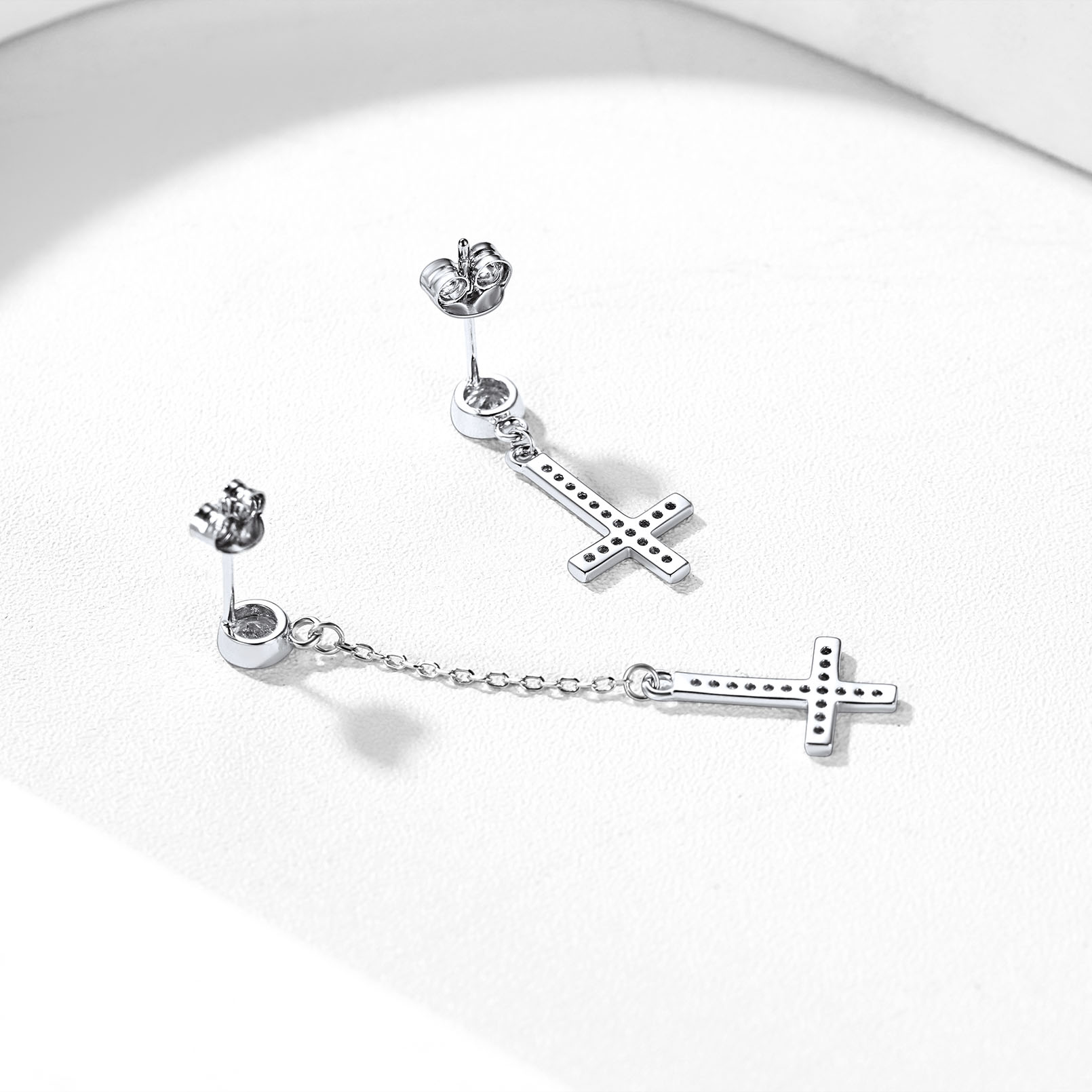Cubic Zirconia Asymmetry Inverted Cross Dangle Earrings in Silver, Sterling Silver-02