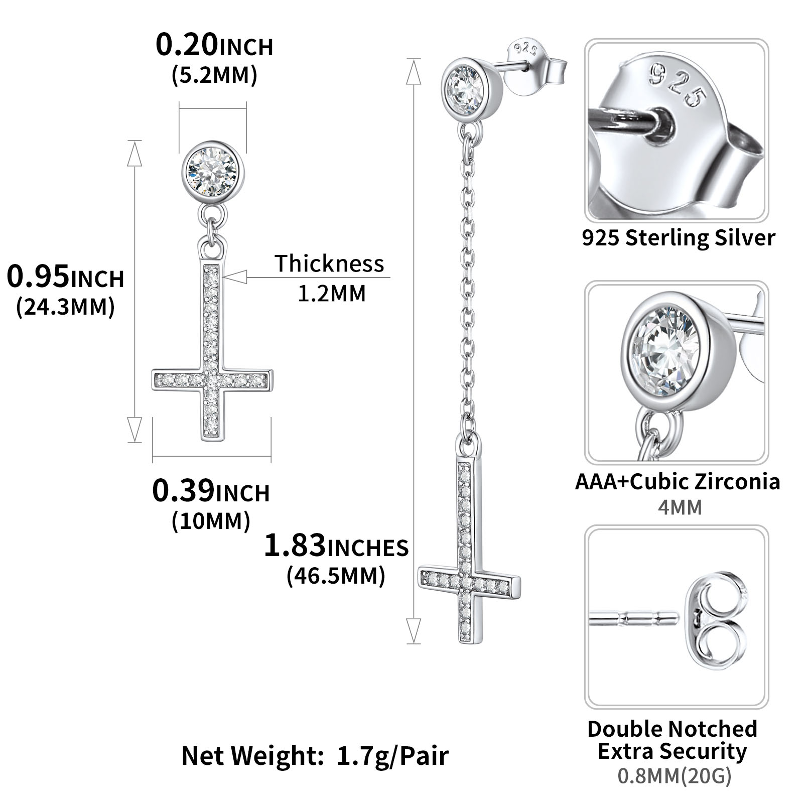 Cubic Zirconia Asymmetry Inverted Cross Dangle Earrings in Silver Details Dimensions, Hypoallergenic, Push Back Finding
