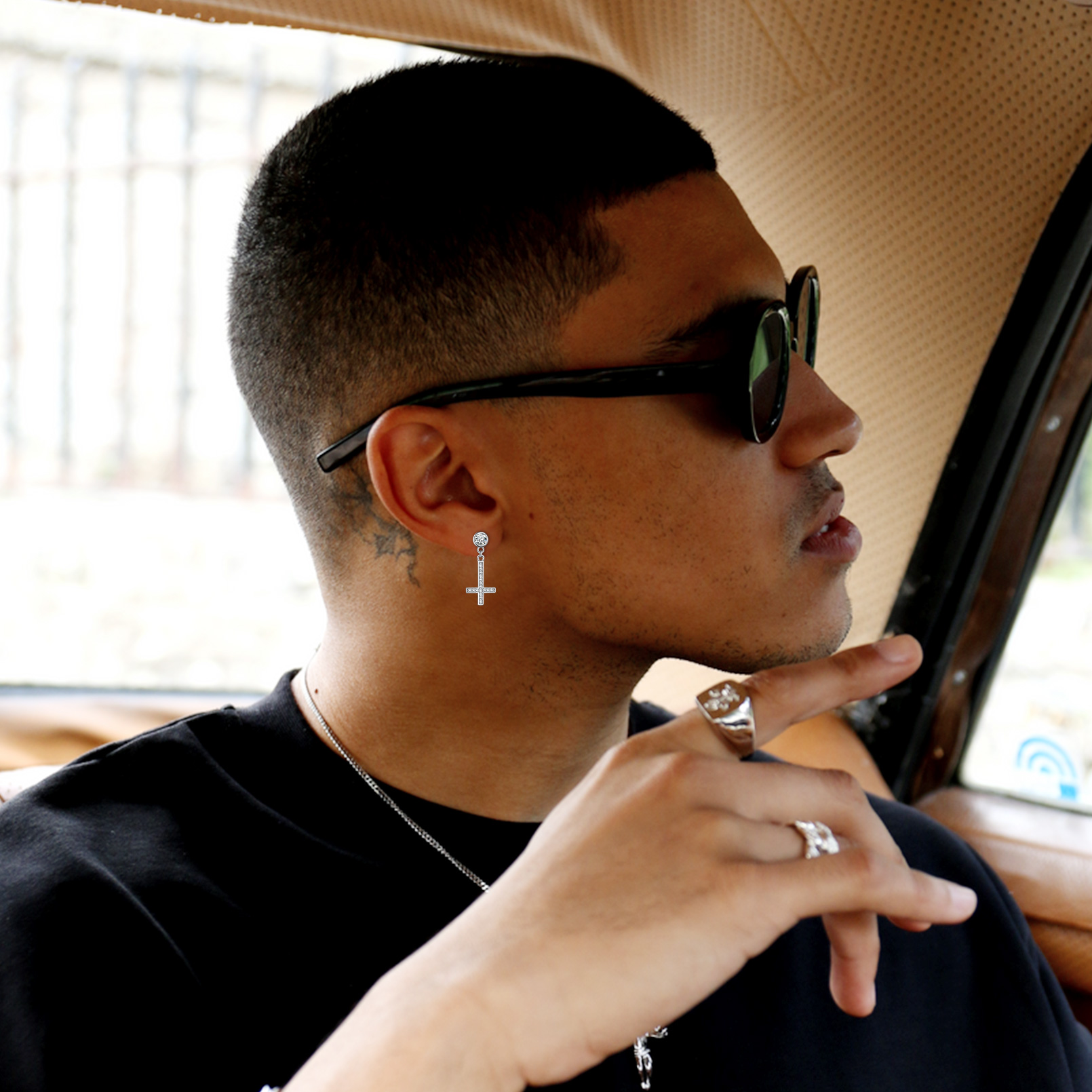 Cubic Zirconia Asymmetry Inverted Cross Dangle Earrings in Silver for Men