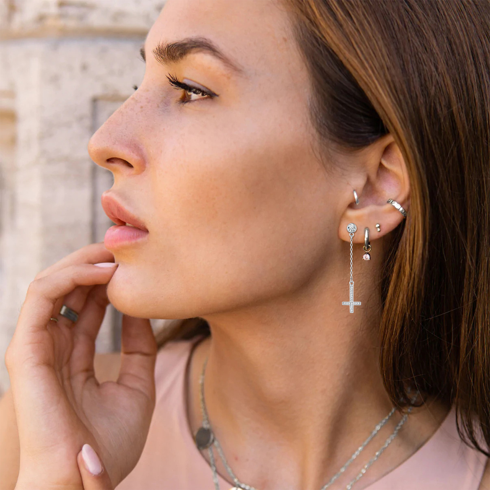 Cubic Zirconia Asymmetry Inverted Cross Dangle Earrings in Silver for Women-01