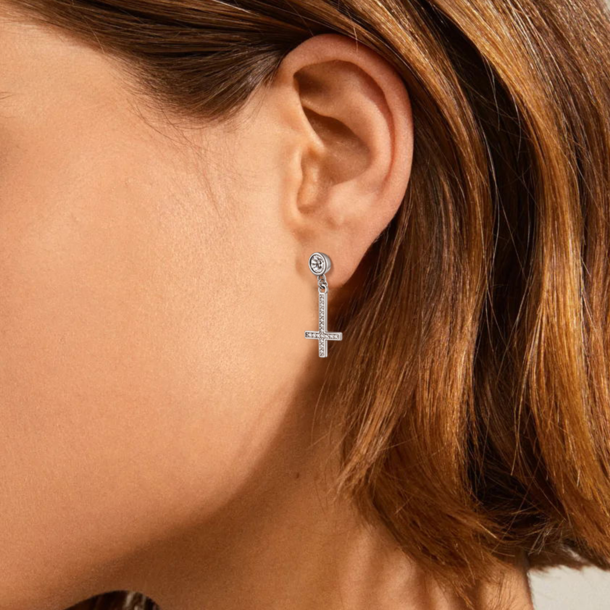 Cubic Zirconia Asymmetry Inverted Cross Dangle Earrings in Silver for Women-02