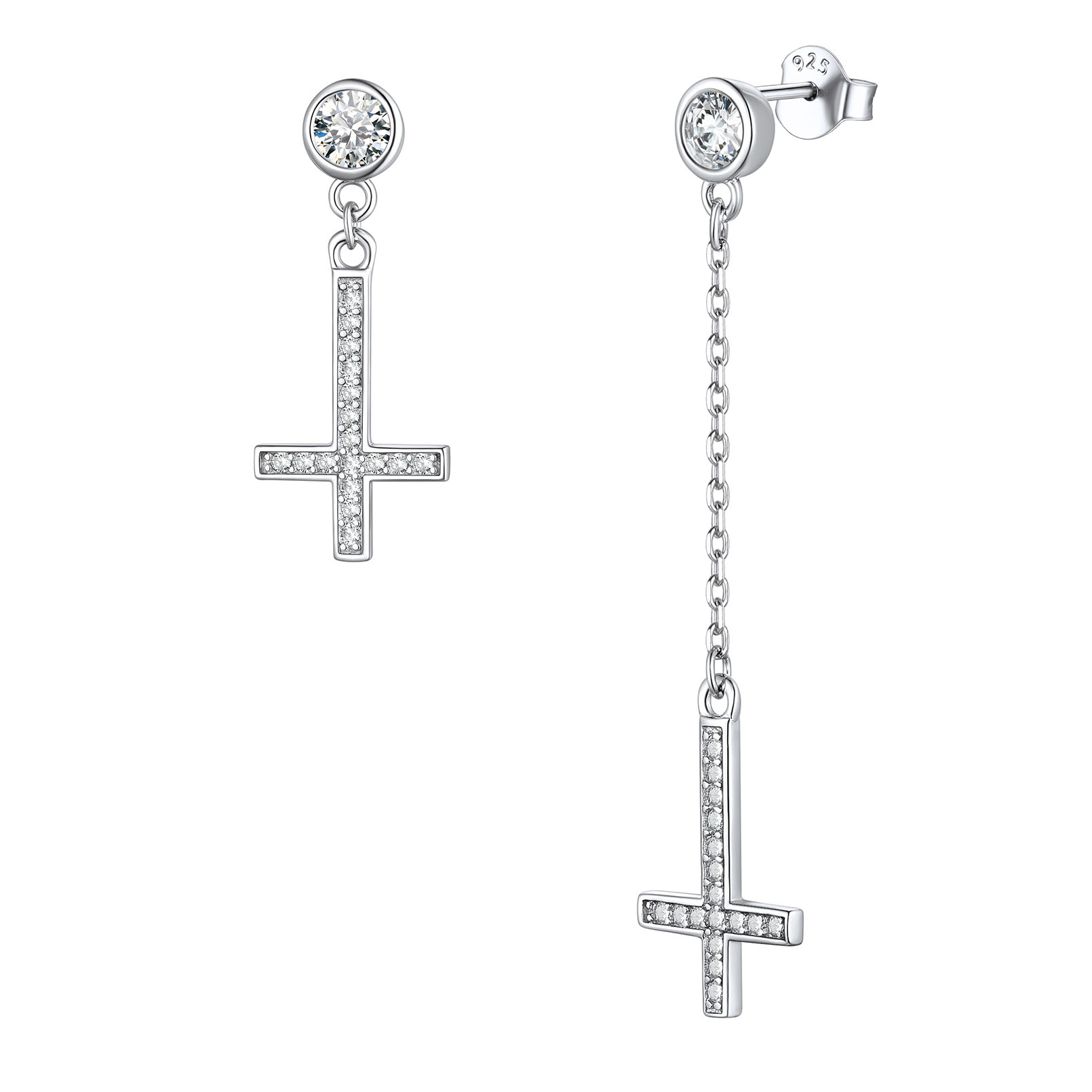 Cubic Zirconia Asymmetry Inverted Cross Dangle Earrings in Silver