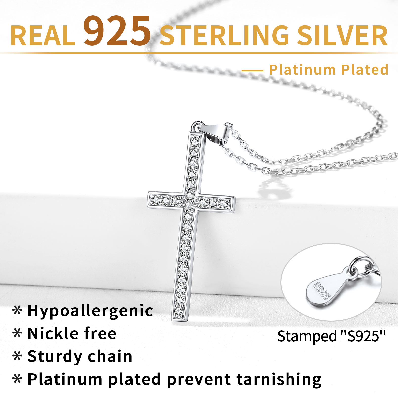 Cubic Zirconia Christian Cross Pendant Necklace in Silver Description - Hypoallergenic, Premium Material
