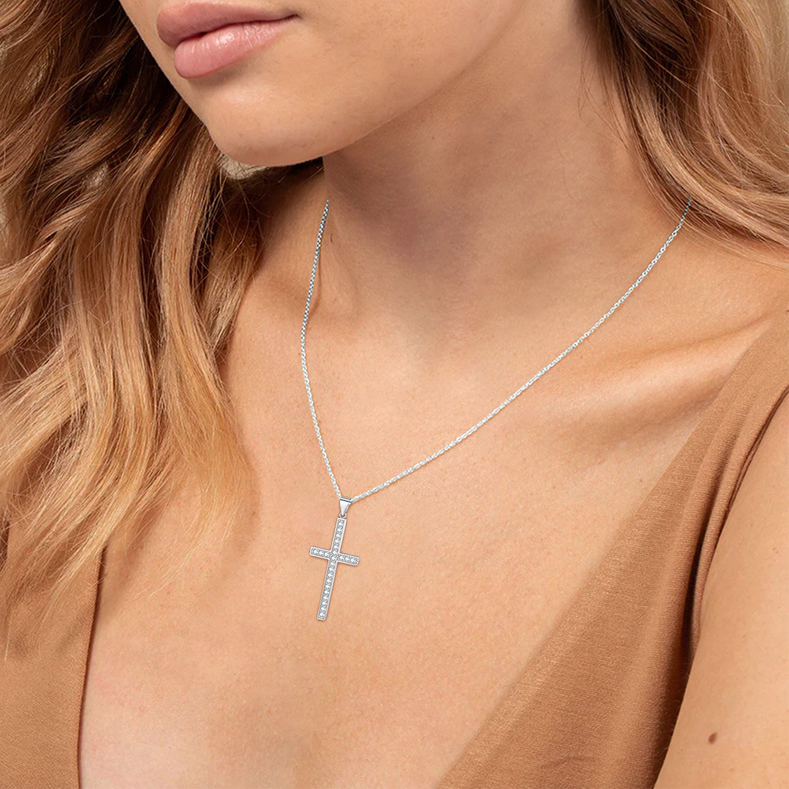 Cubic Zirconia Christian Cross Pendant Necklace in Silver for Women-01