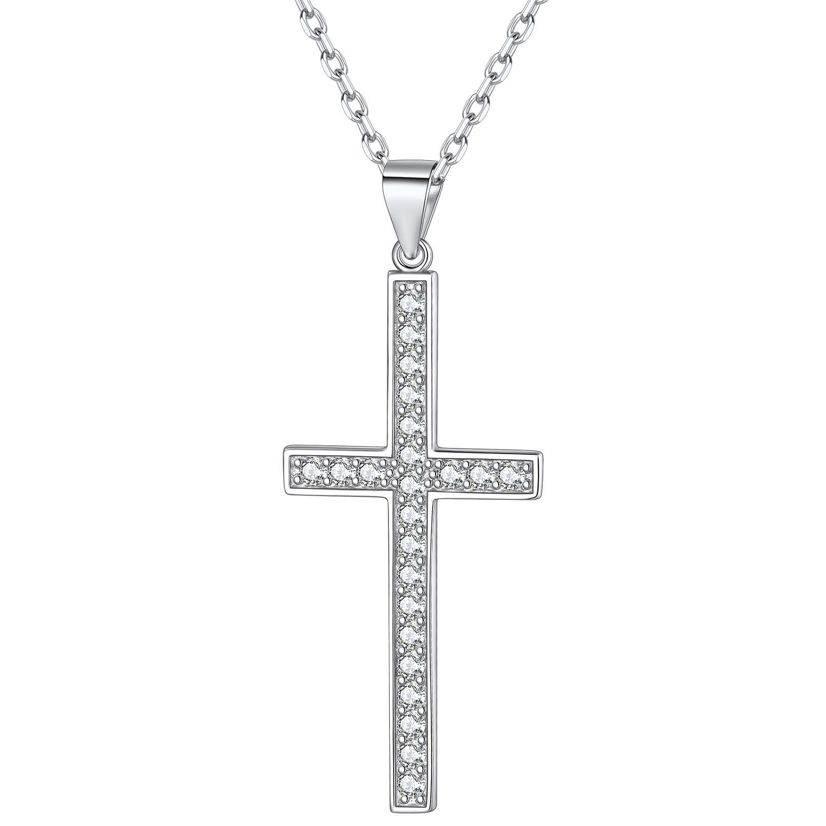 Cubic Zirconia Christian Cross Pendant Necklace in Silver