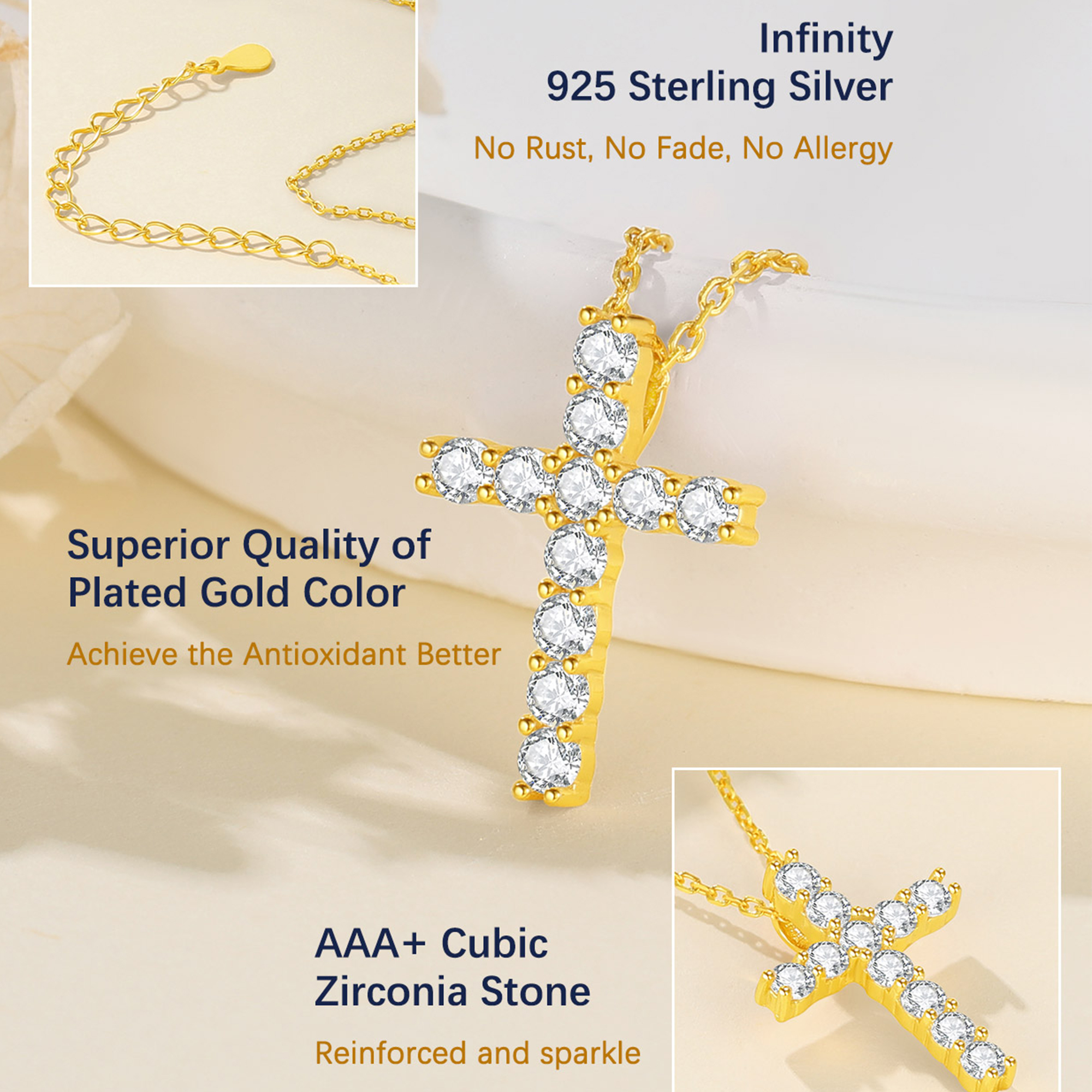 Cubic Zirconia Cross Pendant Necklace in Gold Description - Hypoallergenic, Premium Material-01