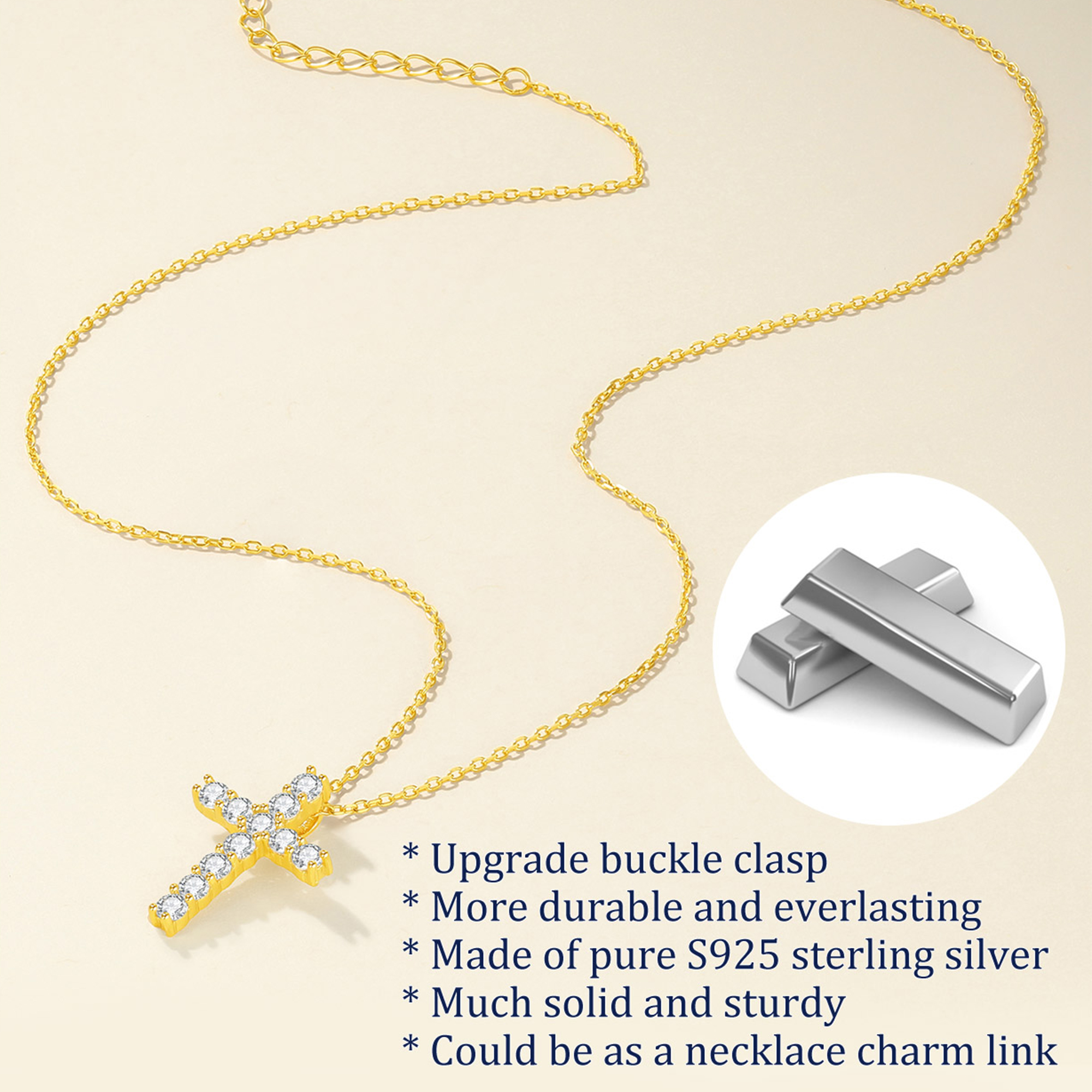Cubic Zirconia Cross Pendant Necklace in Gold Description - Hypoallergenic, Premium Material-02