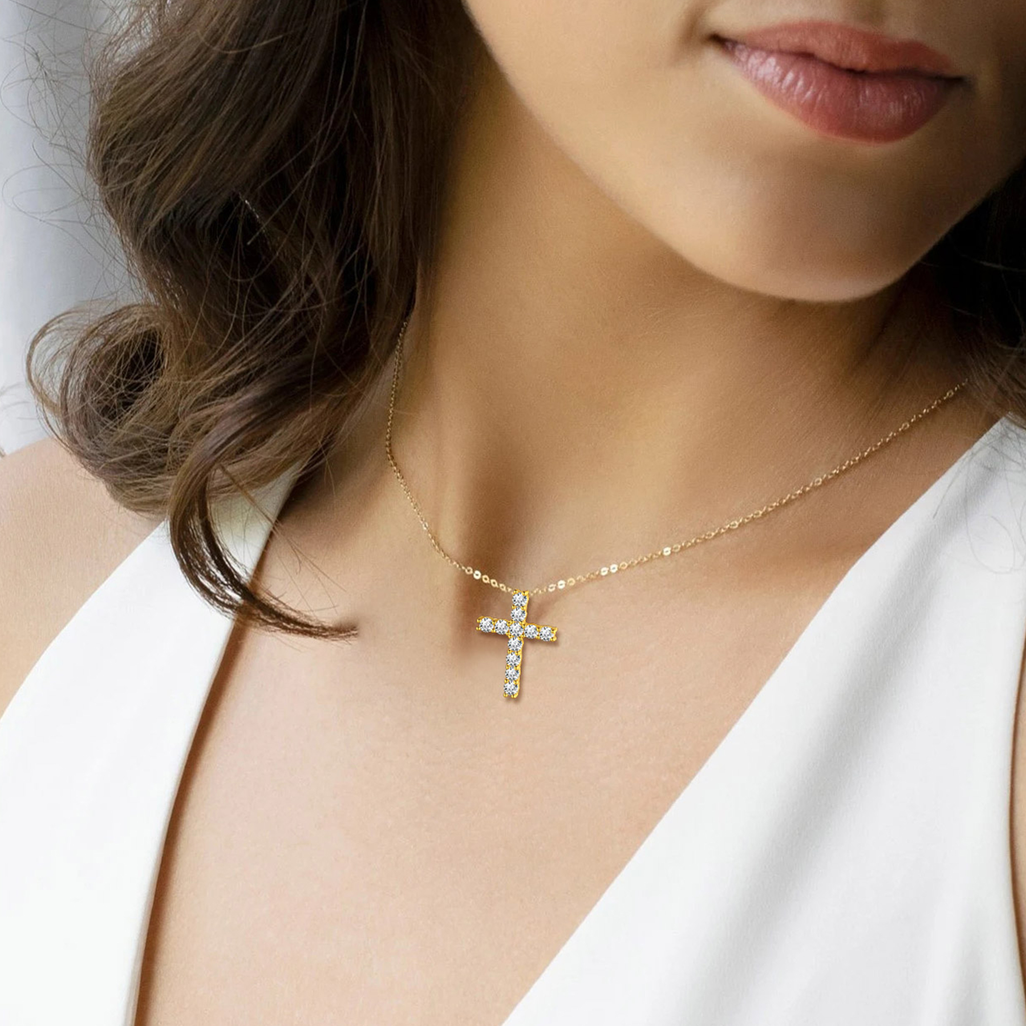 Cubic Zirconia Cross Pendant Necklace in Gold for Women-01