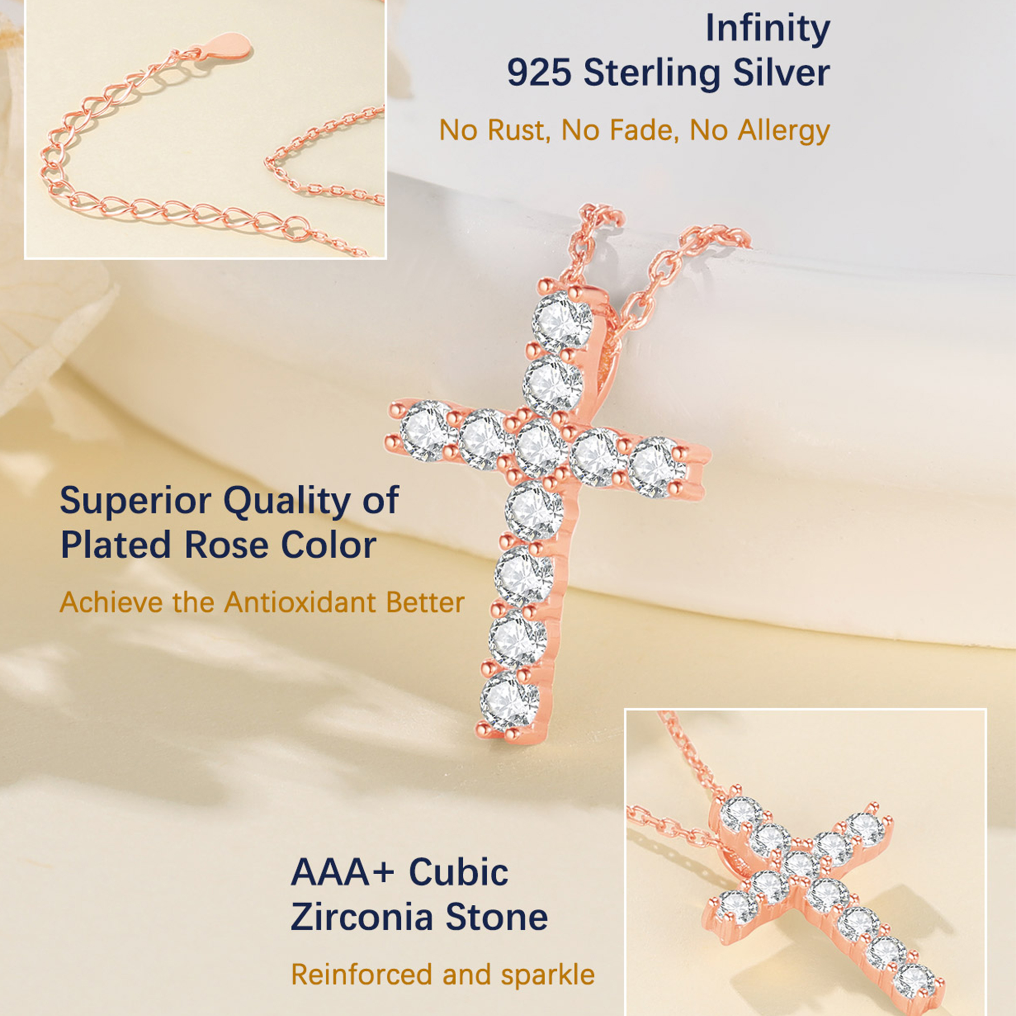 Cubic Zirconia Cross Pendant Necklace in Rose Gold Description - Hypoallergenic, Premium Material-01
