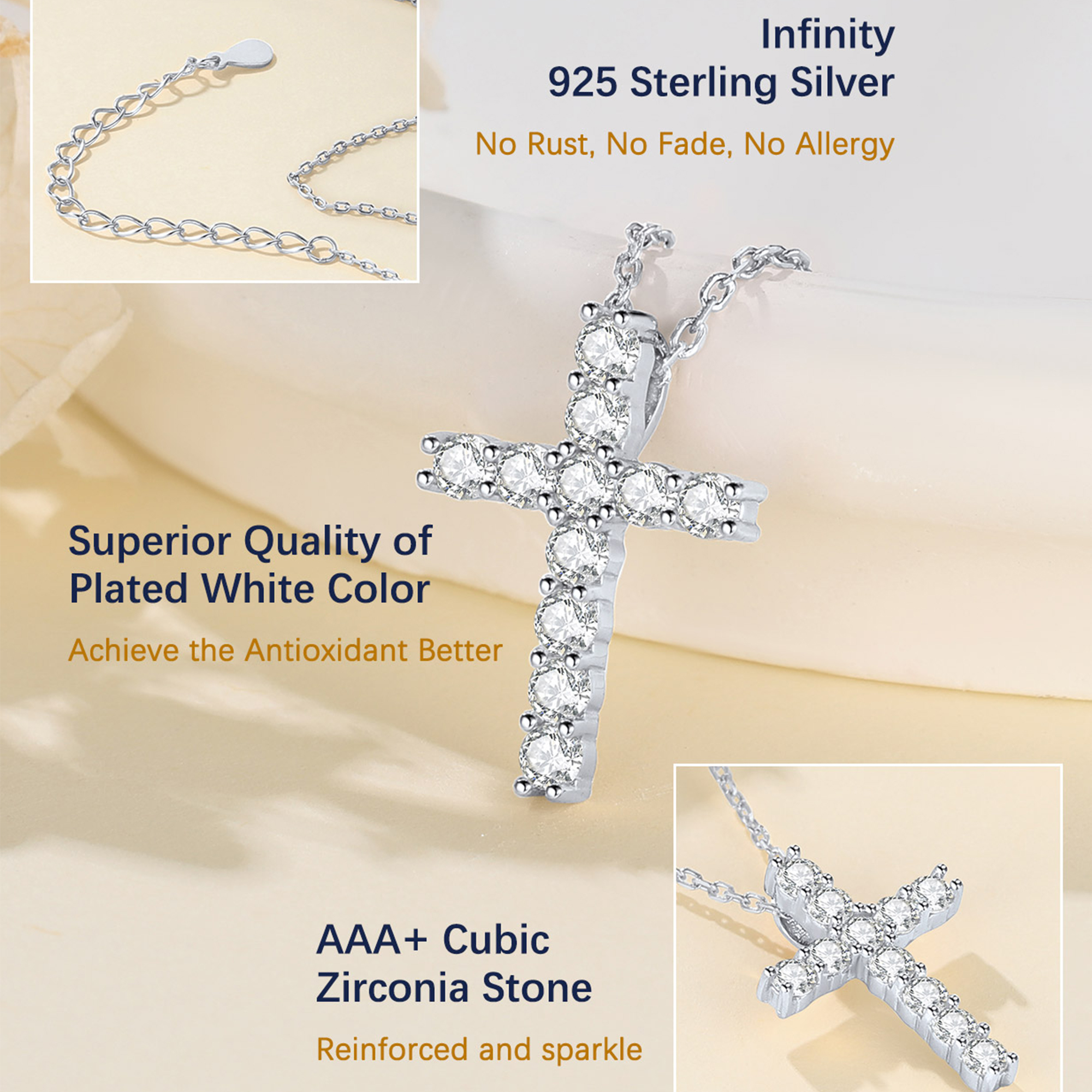 Cubic Zirconia Cross Pendant Necklace in Silver Description - Hypoallergenic, Premium Material-01