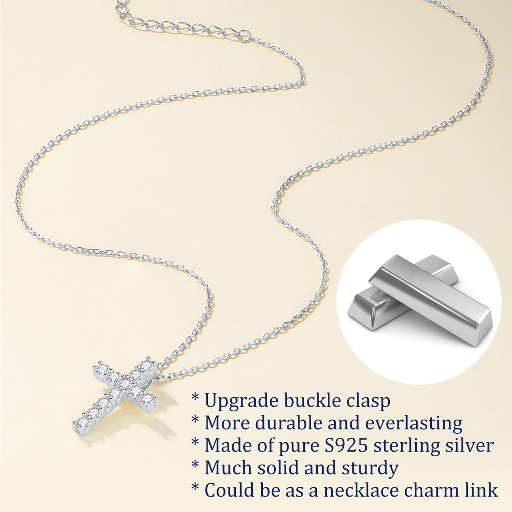 Cubic Zirconia Cross Pendant Necklace in Silver Description - Hypoallergenic, Premium Material-02