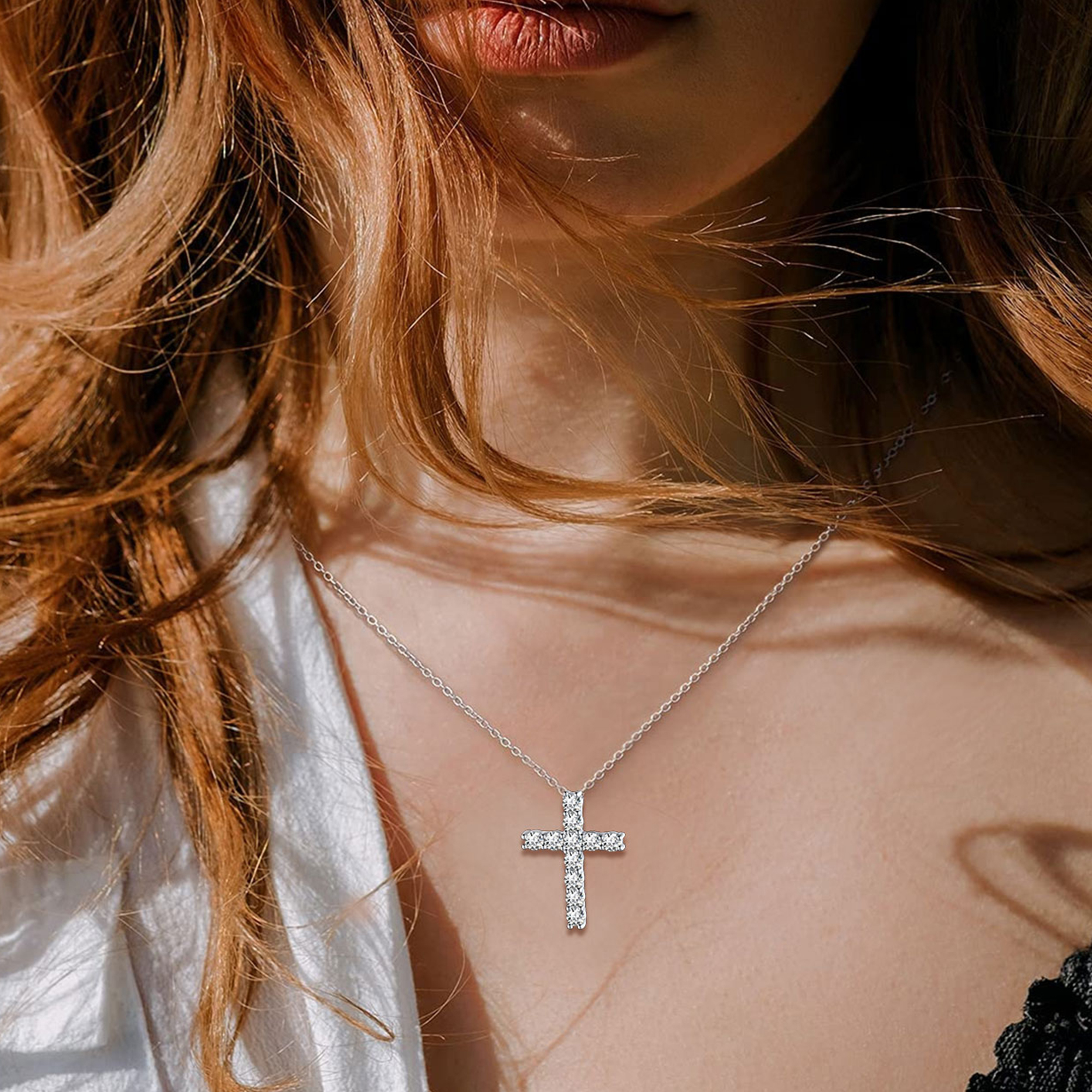 Cubic Zirconia Cross Pendant Necklace in Silver for Women-02