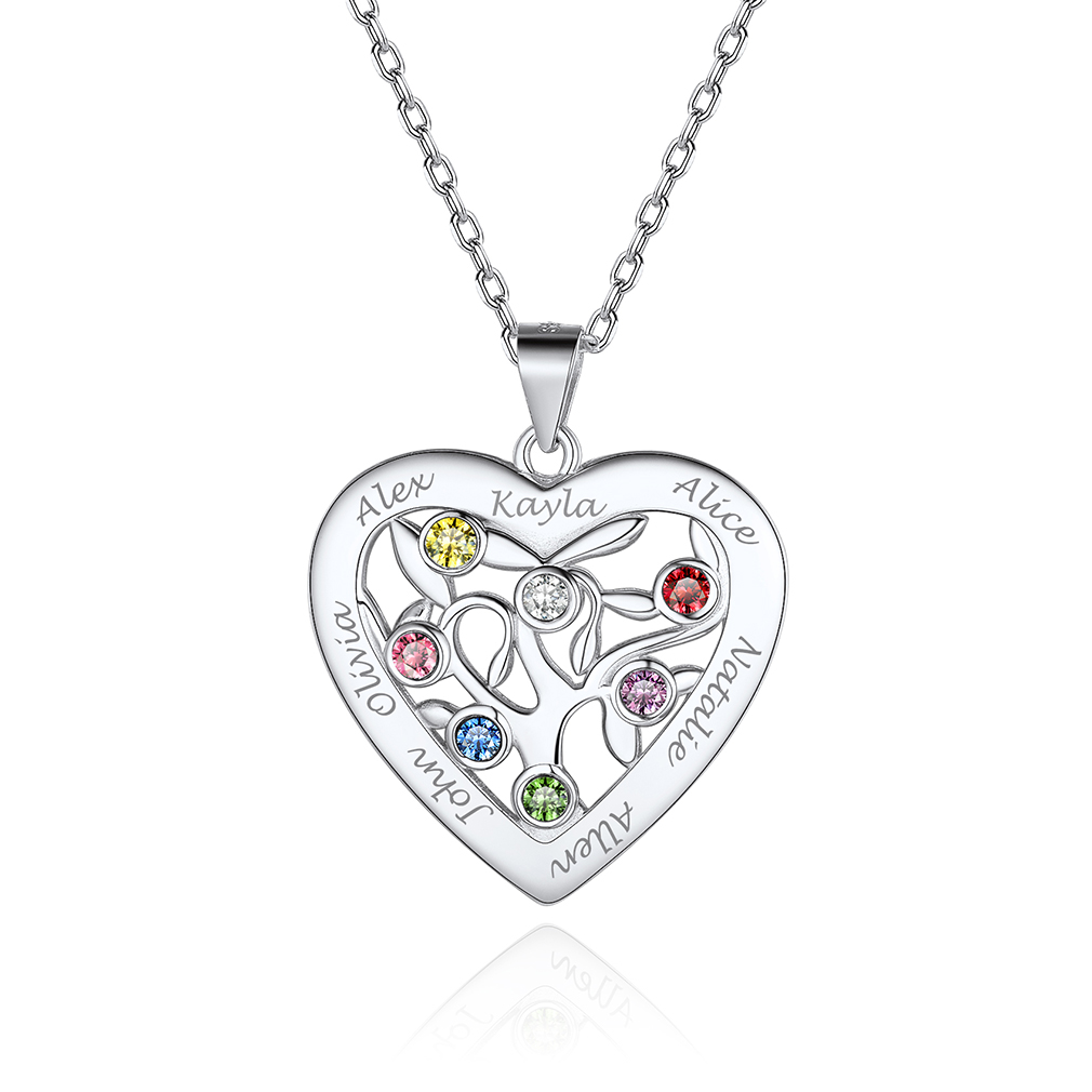 Custom Heart Tree of Life Birthstone Family Necklace For Her