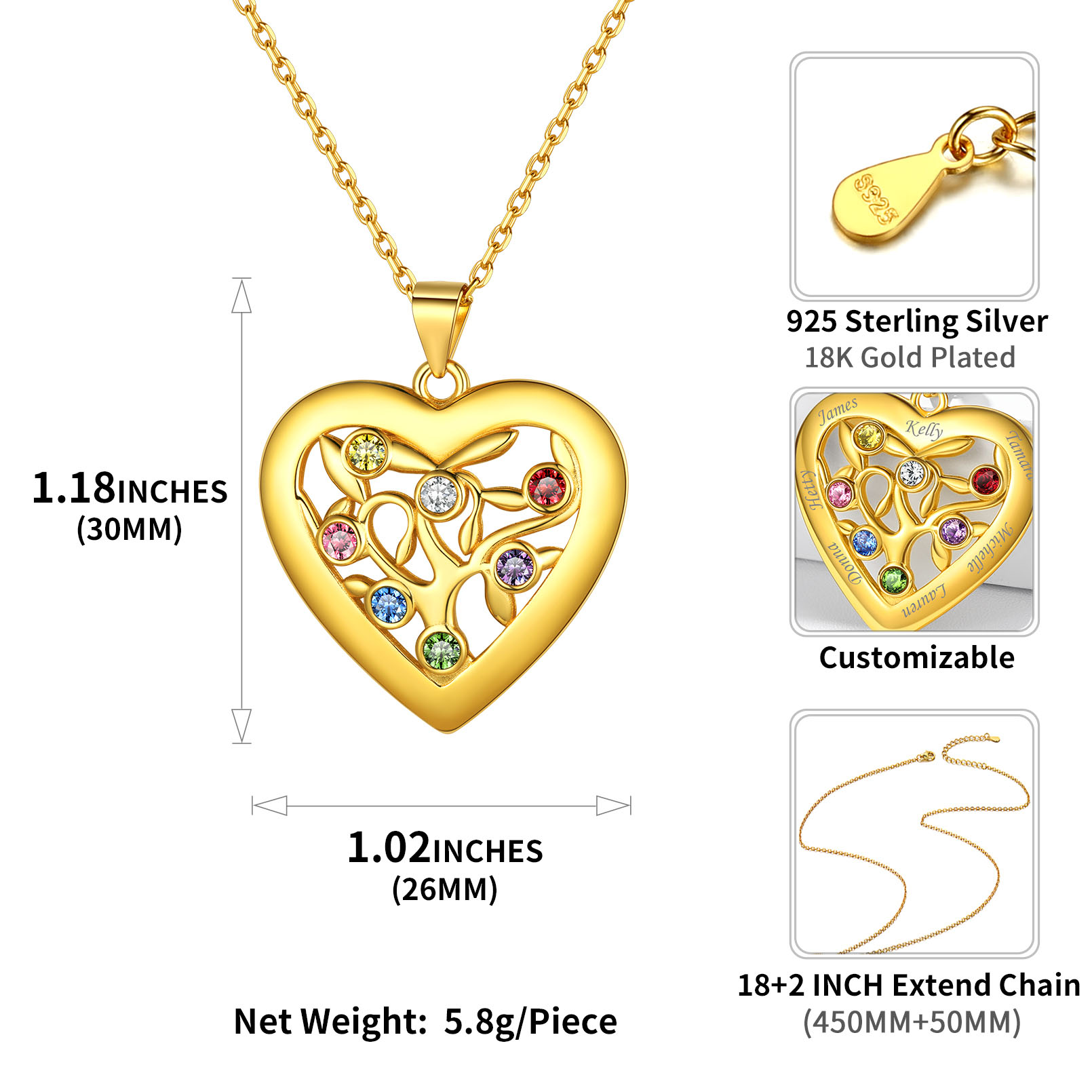 Custom Heart Tree of Life Birthstone Family Necklace For Her