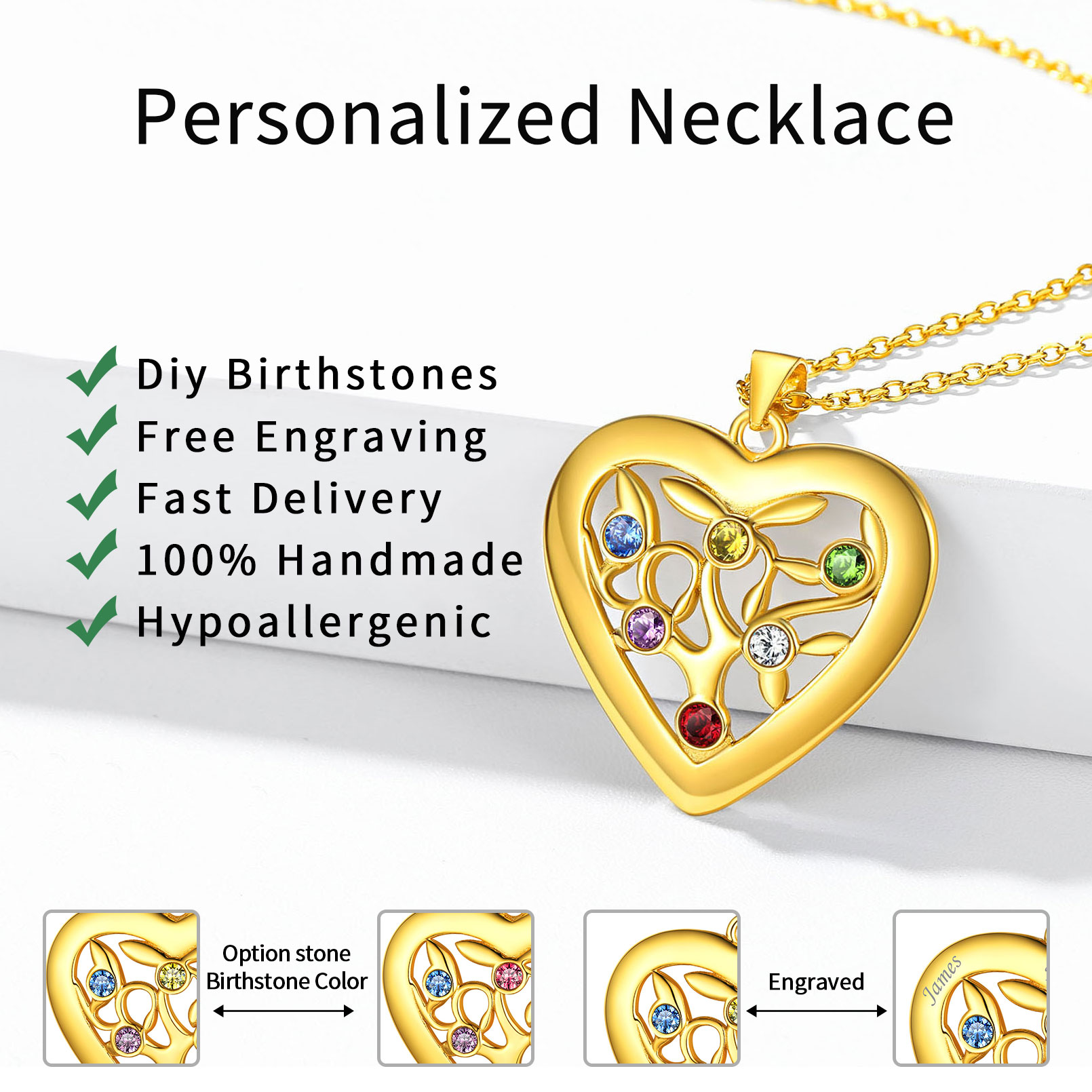 Custom Heart Tree of Life Birthstone Family Necklace For Her