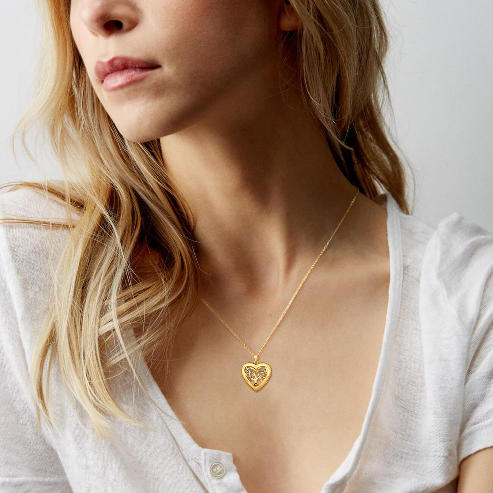Custom Heart Tree of Life Birthstone Family Necklace For Her