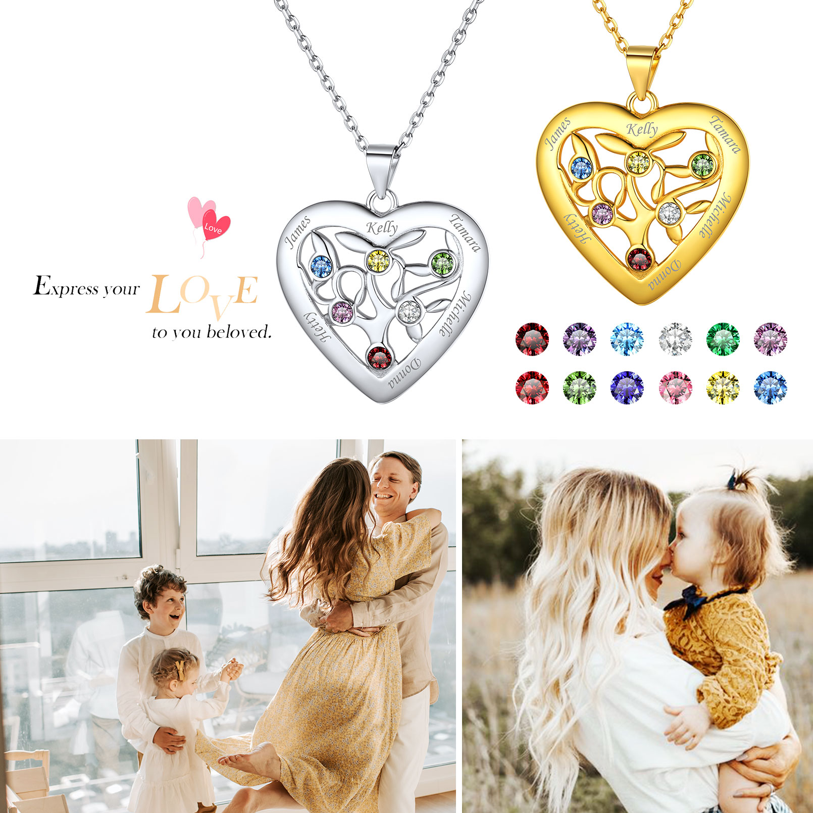 Custom Heart Tree of Life Birthstone Family Necklace For Her
