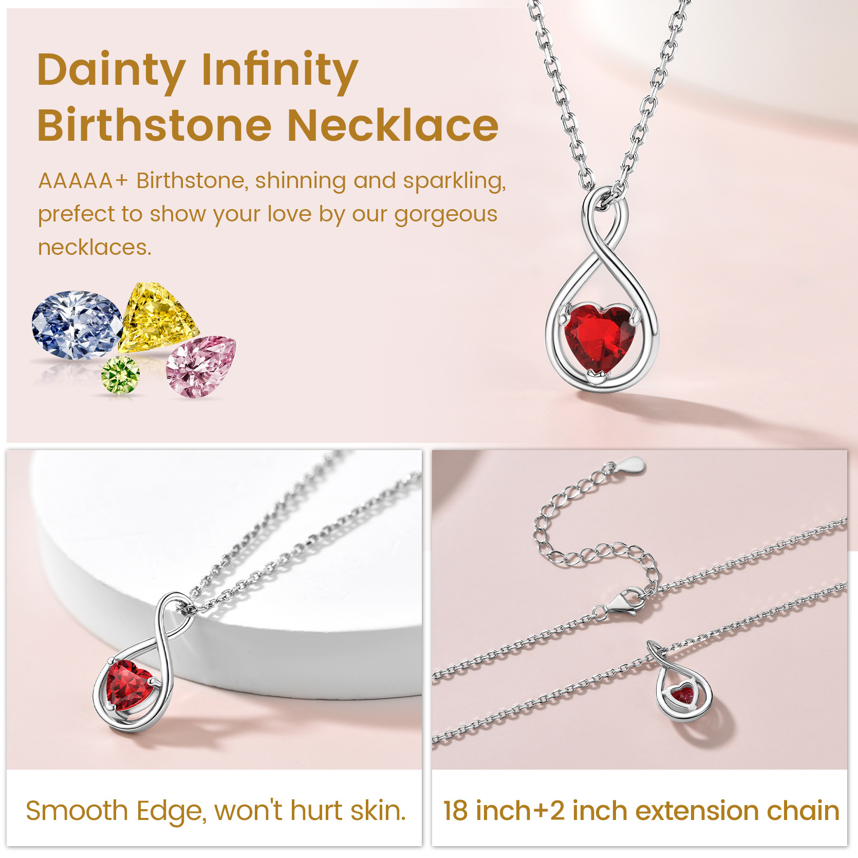 Sterling Silver Infinity Birthstone Pendant Necklace for Her