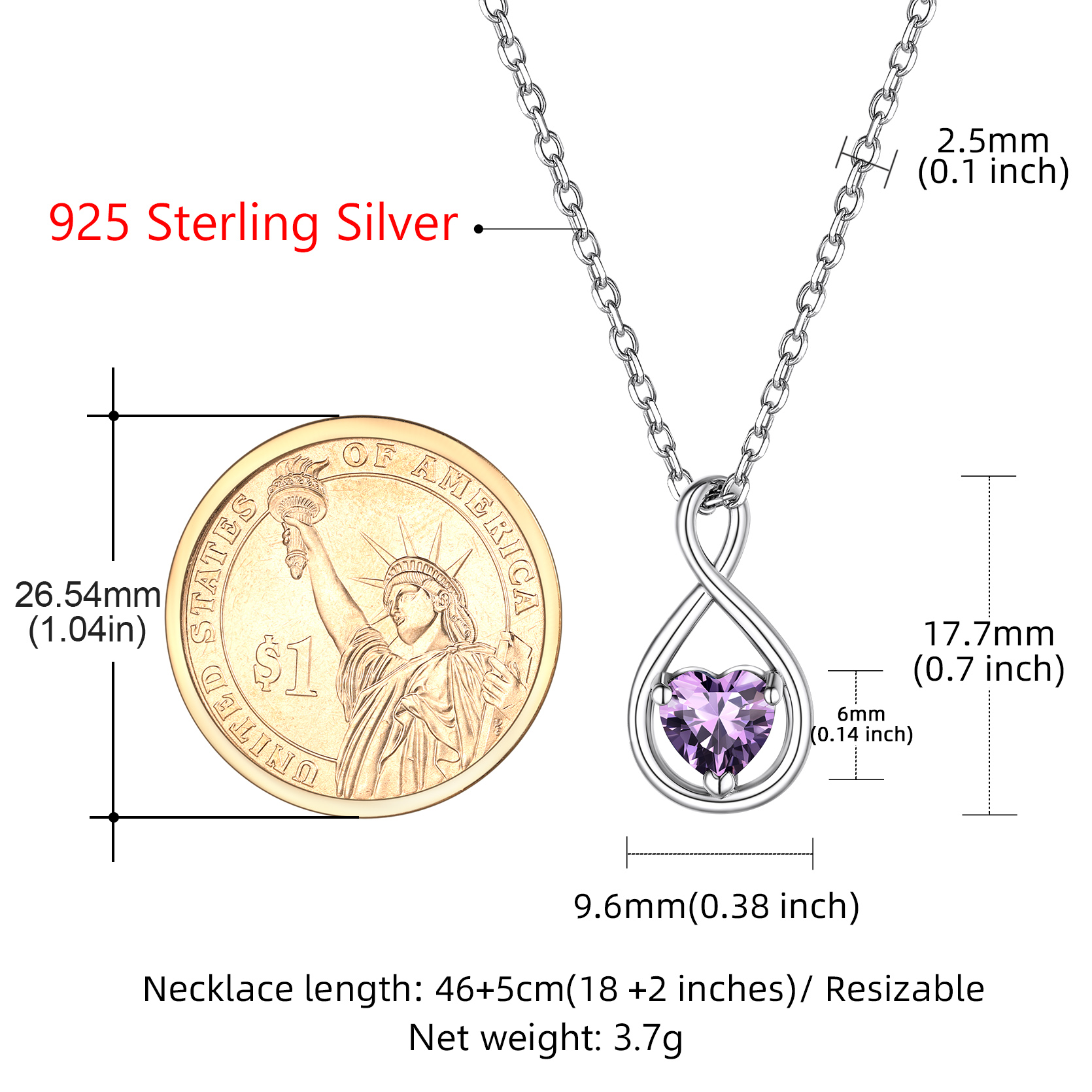 Sterling Silver Infinity Birthstone Pendant Necklace for Her