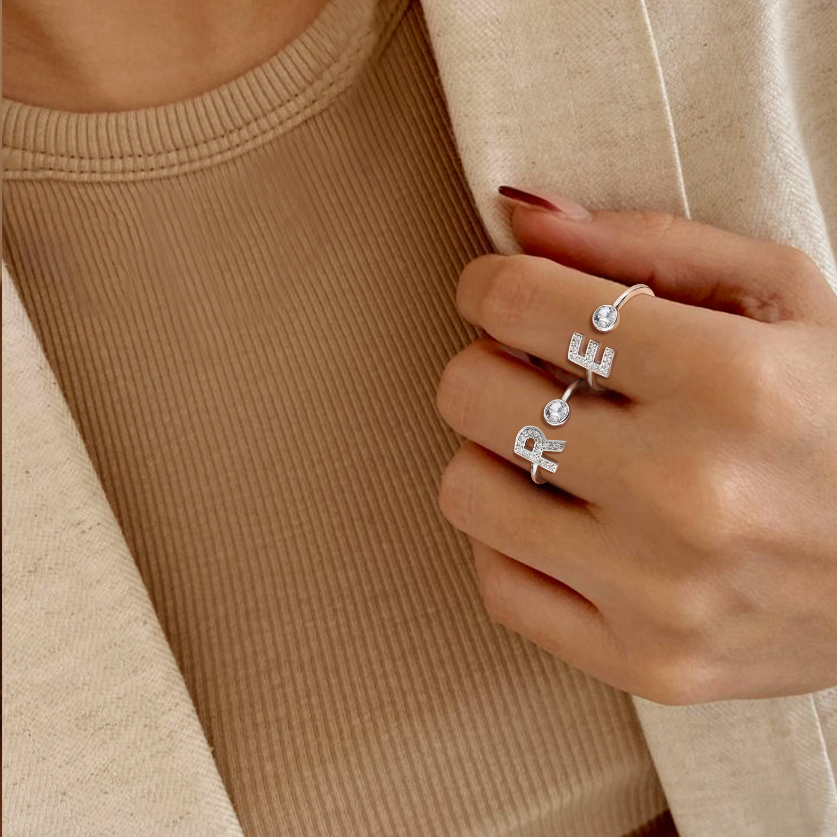 Cubic Zirconia Initial Statement Open Ring for Women, Ladies, Couples, girlfriend, wife