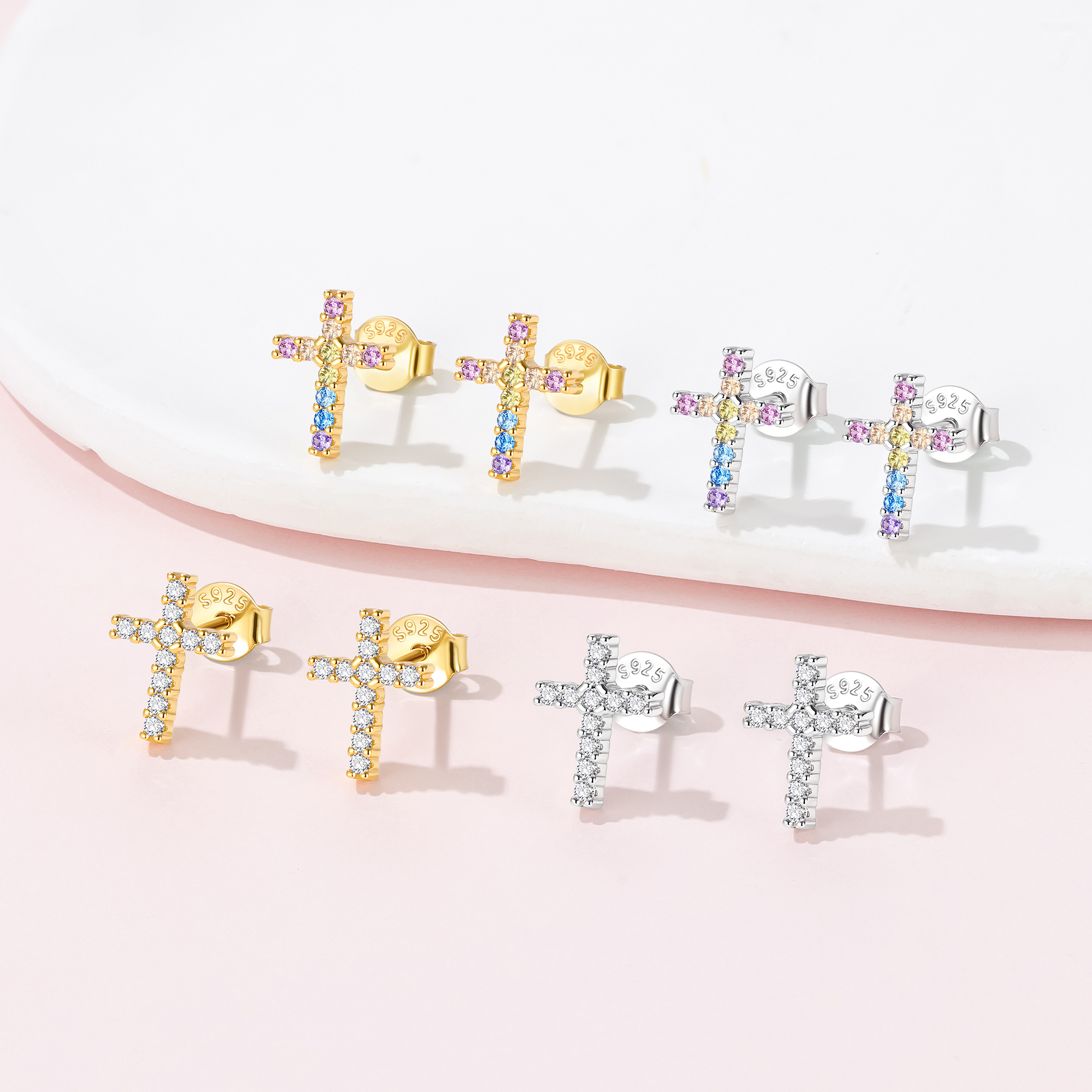 Dainty Cubic Zirconia Cross Stud Earrings in Different Colors