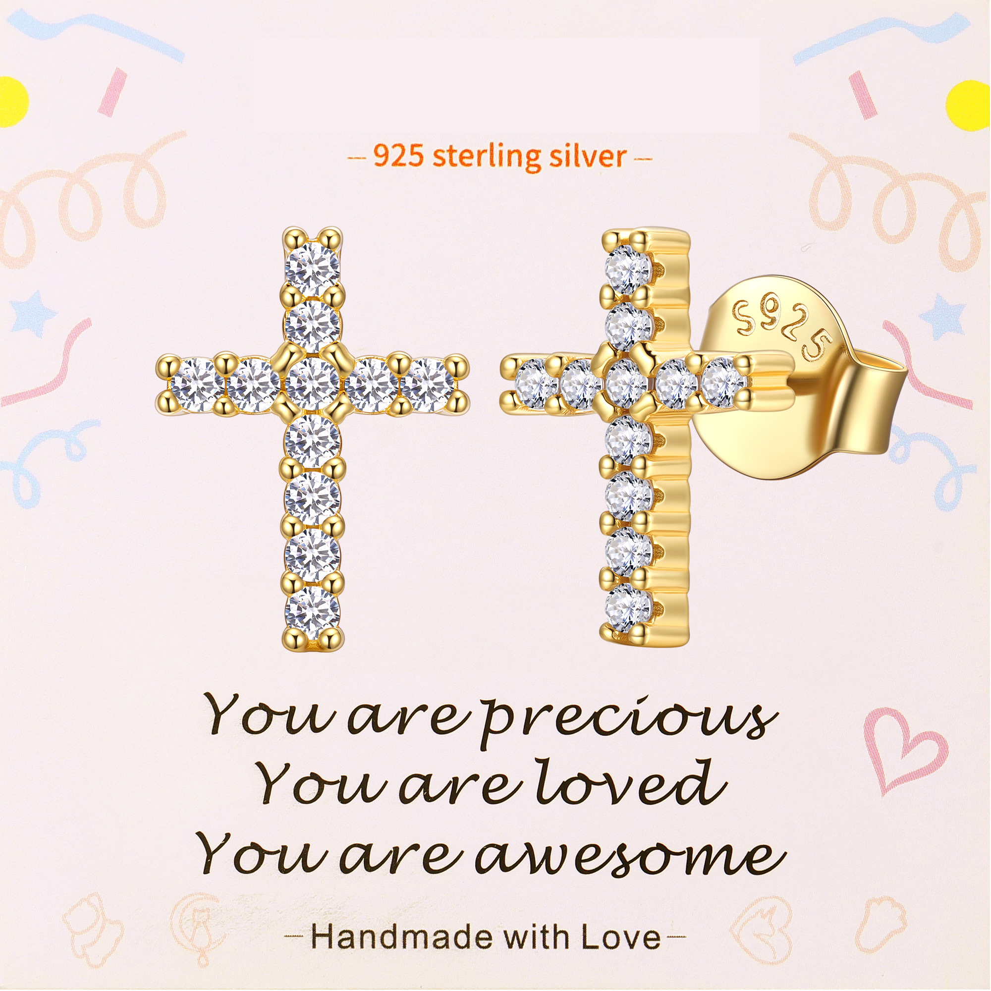 Dainty Cubic Zirconia Cross Stud Earrings in Gold, Faith Jewelry Gift