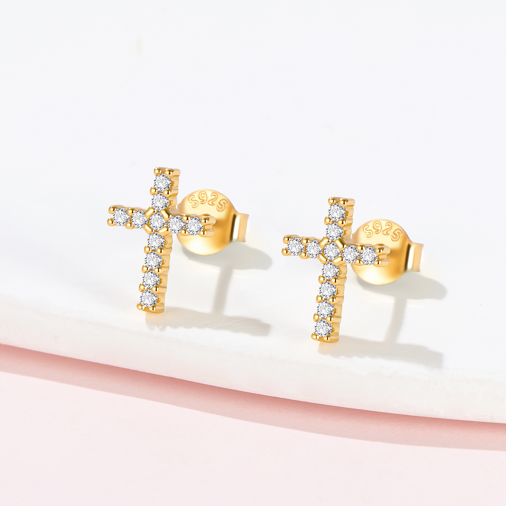 Dainty Cubic Zirconia Cross Stud Earrings in Gold, Sterling Silver