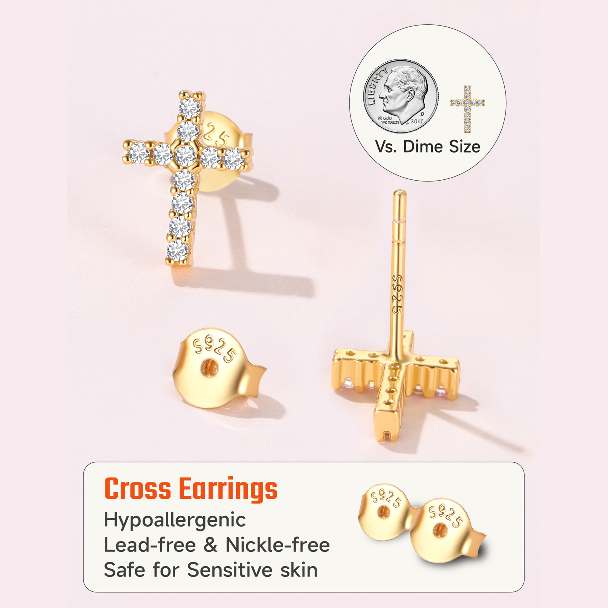 Dainty Cubic Zirconia Cross Stud Earrings in Gold Description - Hypoallergenic, Premium Material