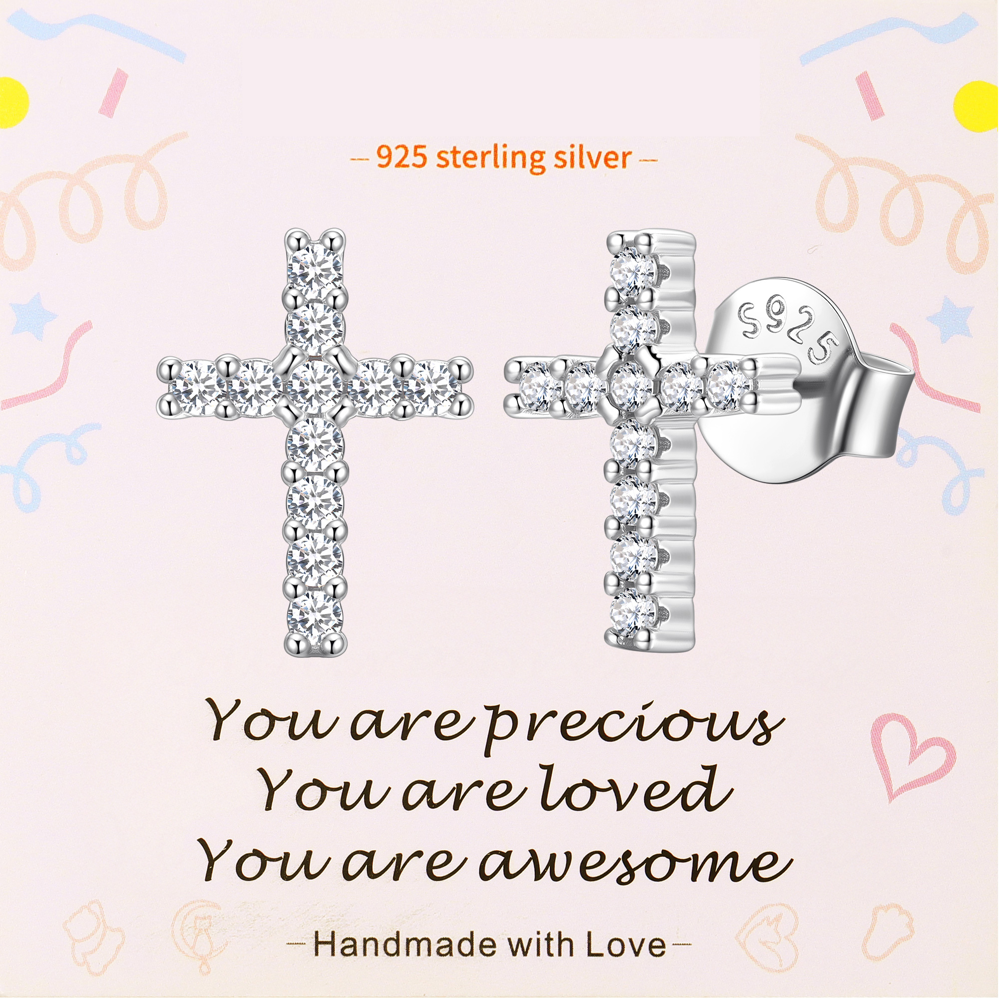 Dainty Cubic Zirconia Cross Stud Earrings in Silver, Faith Jewelry Gift