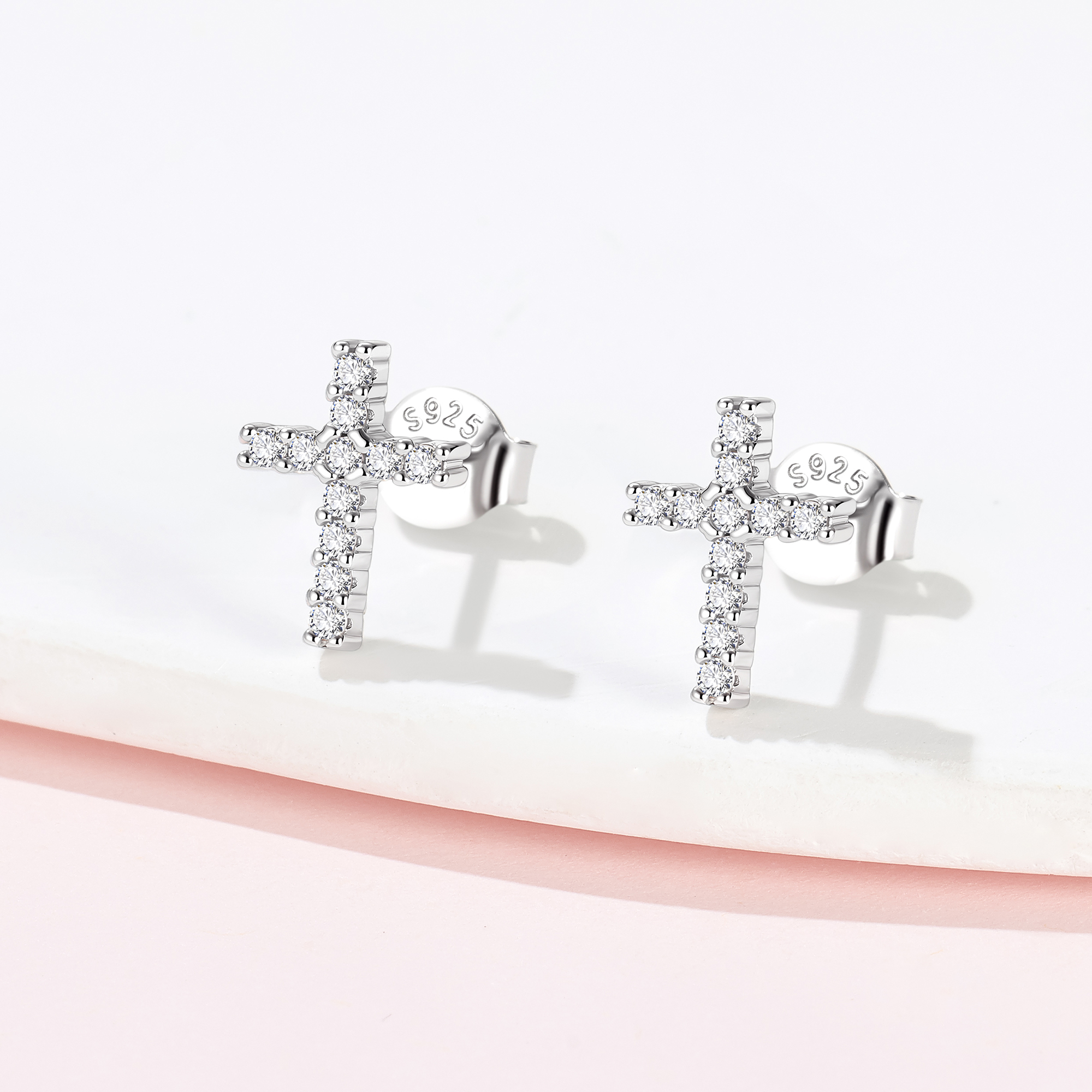 Dainty Cubic Zirconia Cross Stud Earrings in Silver, Sterling Silver