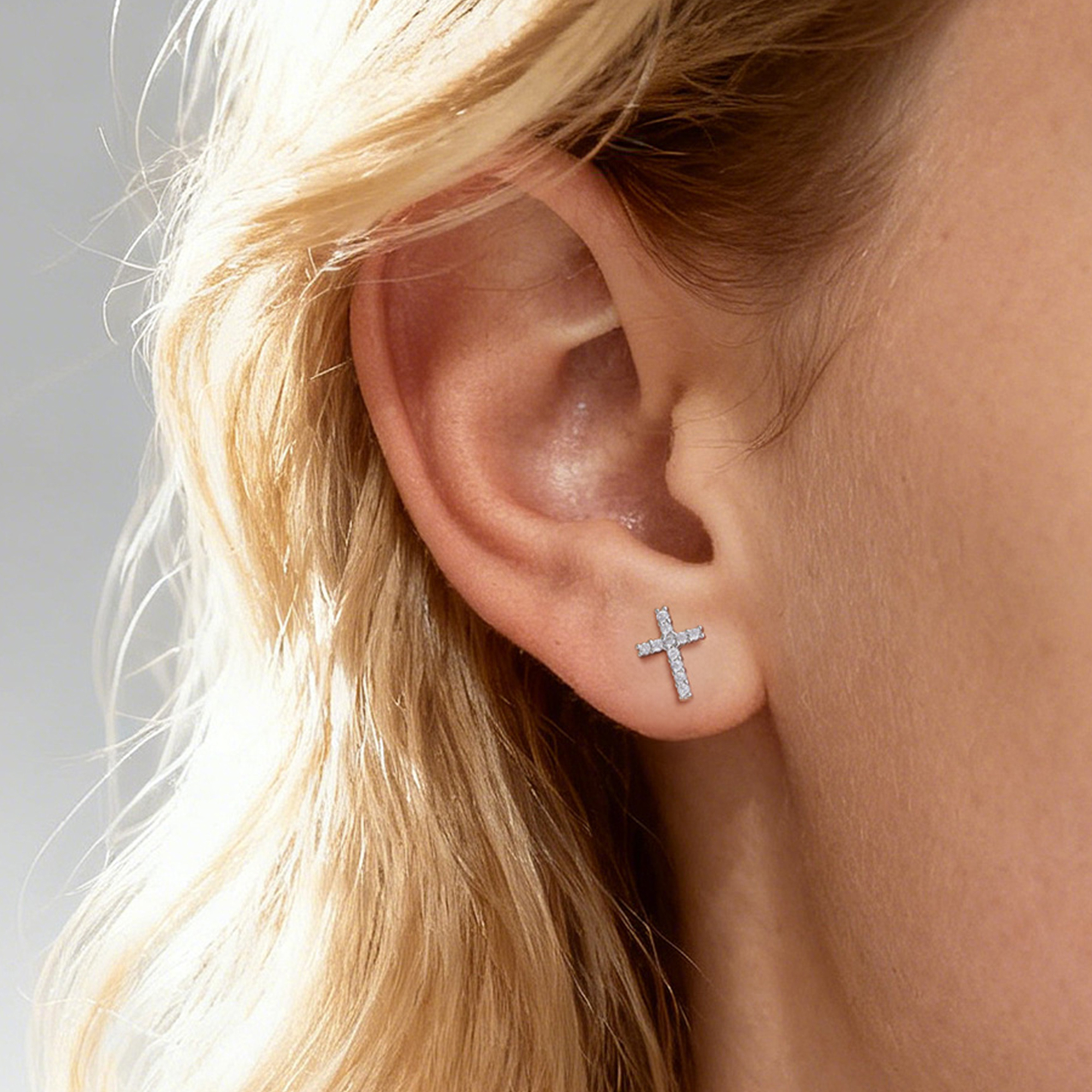 Dainty Cubic Zirconia Cross Stud Earrings in Silver for Women-01