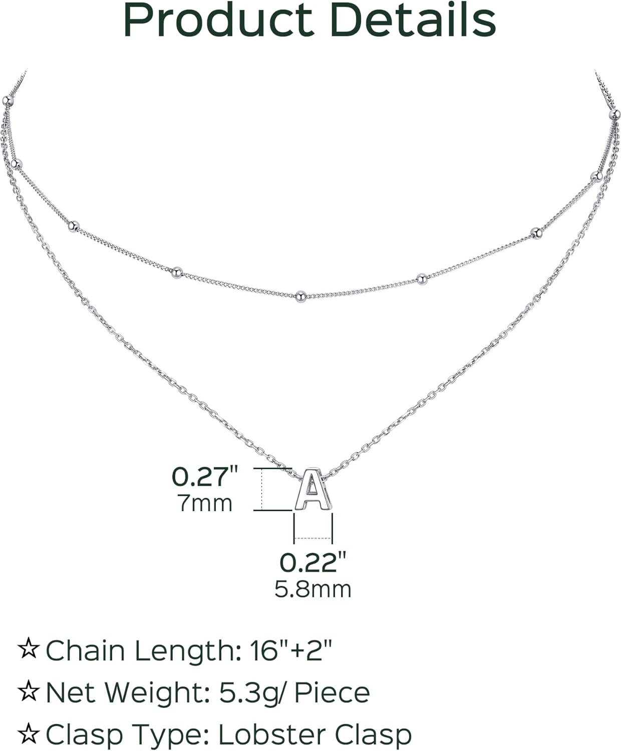 Dainty Layered Initial Necklace Details: Dimensions, Hypoallergenic, Lobster-Claw-Clasps