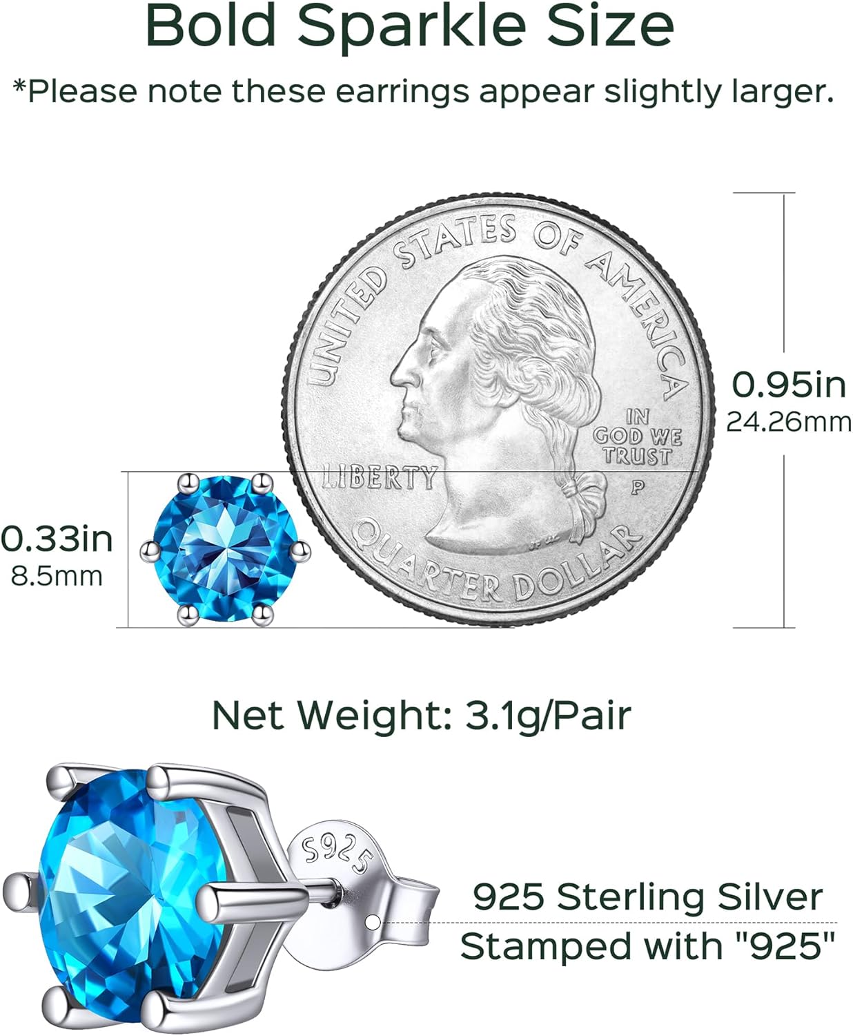 8.5mm Sparkling Round Cut Birthstone Halo Stud Earrings Details: Dimensions, Hypoallergenic, Push Back Finding