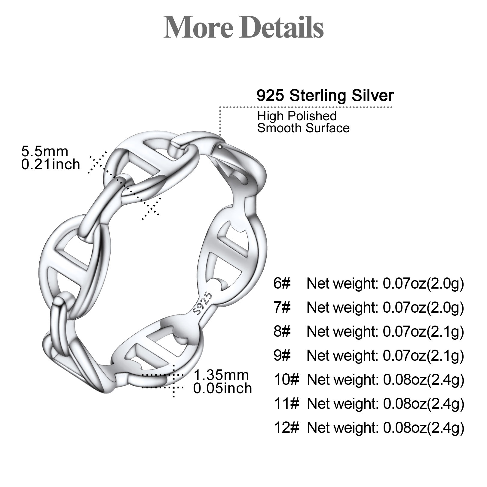 Sterling Silver ChicSilver Mariner Chians Link Finger Rings Details: Dimensions, Hypoallergenic, US size for 6~12