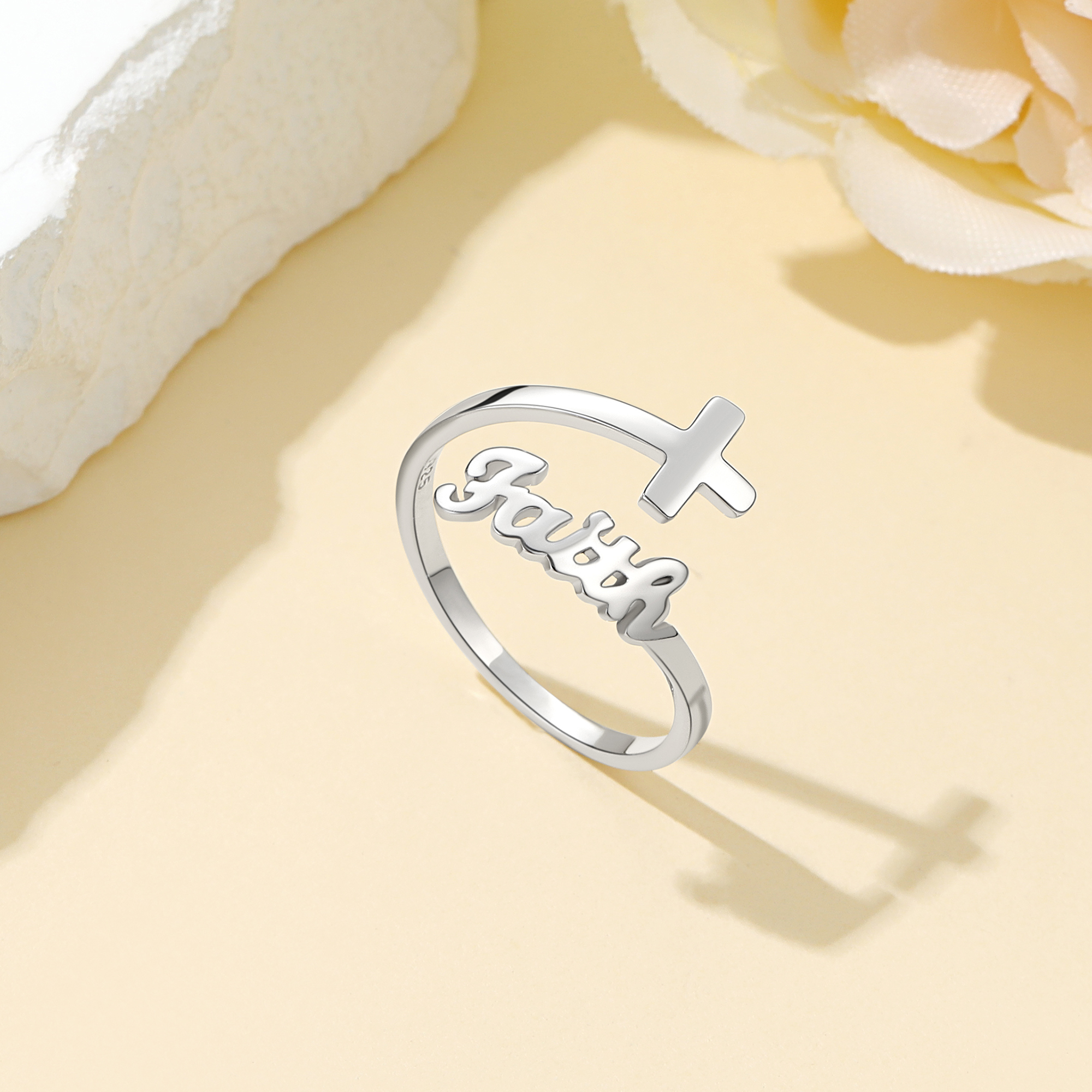 Faith Cross Open Adjustable Ring, 925 Sterling Silver-01
