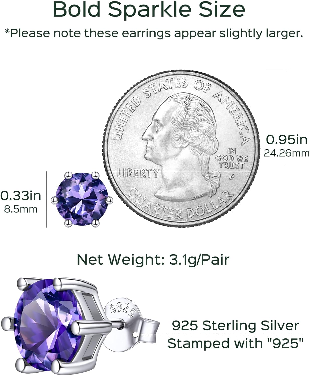 8.5mm Sparkling Round Cut Birthstone Halo Stud Earrings Details: Dimensions, Hypoallergenic, Push Back Finding