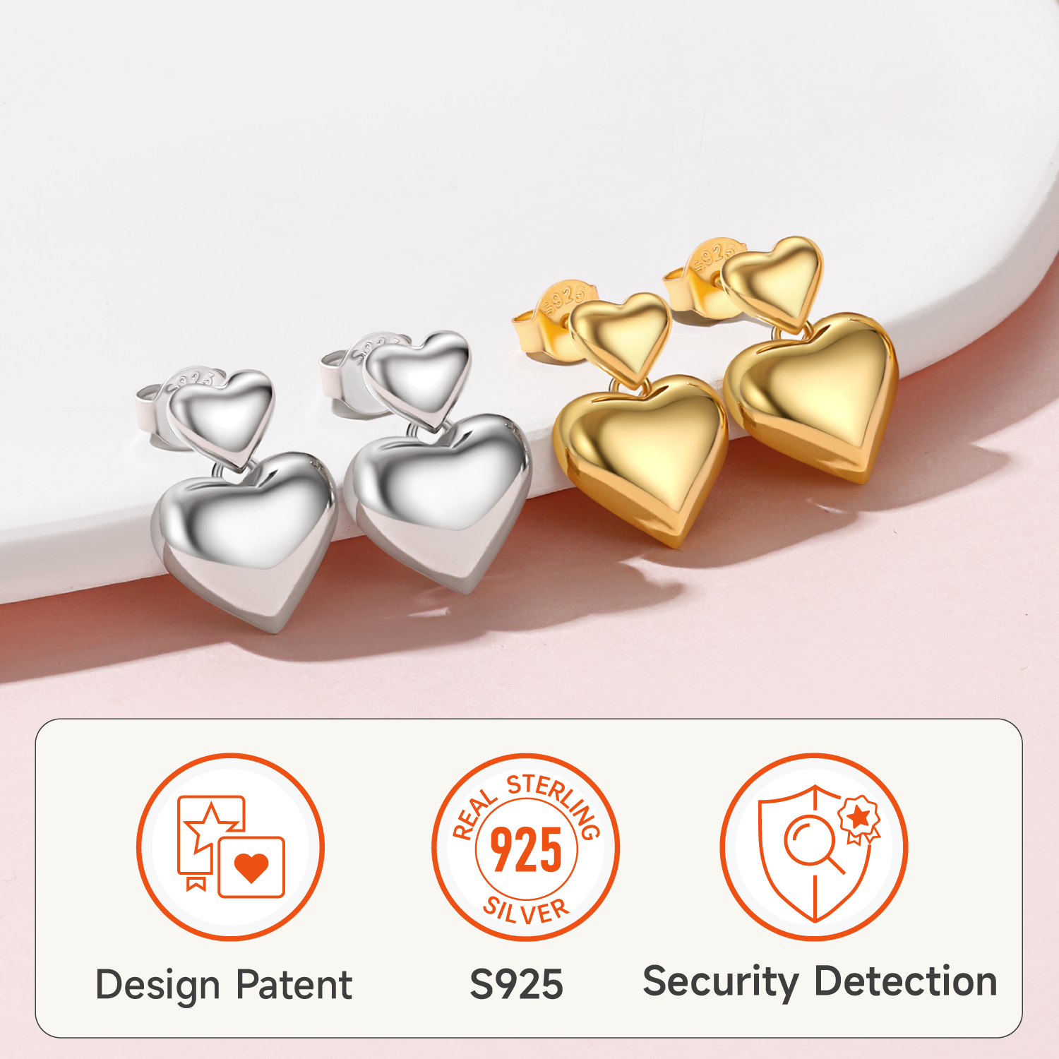 Sterling Silver Double Heart Stud Earrings for Her