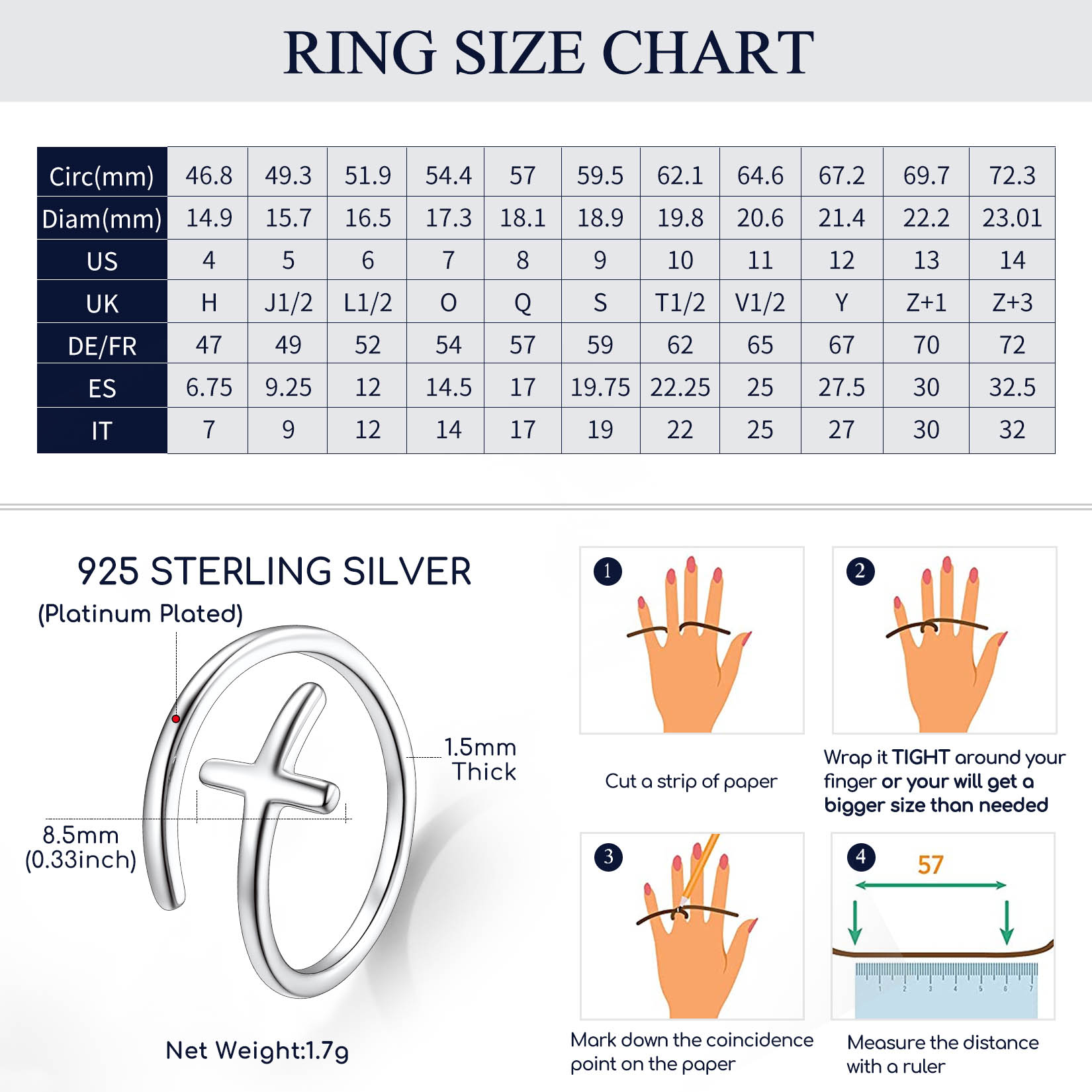 How to Measure 925 Sterling Silver Cross Adjustable Ring Size